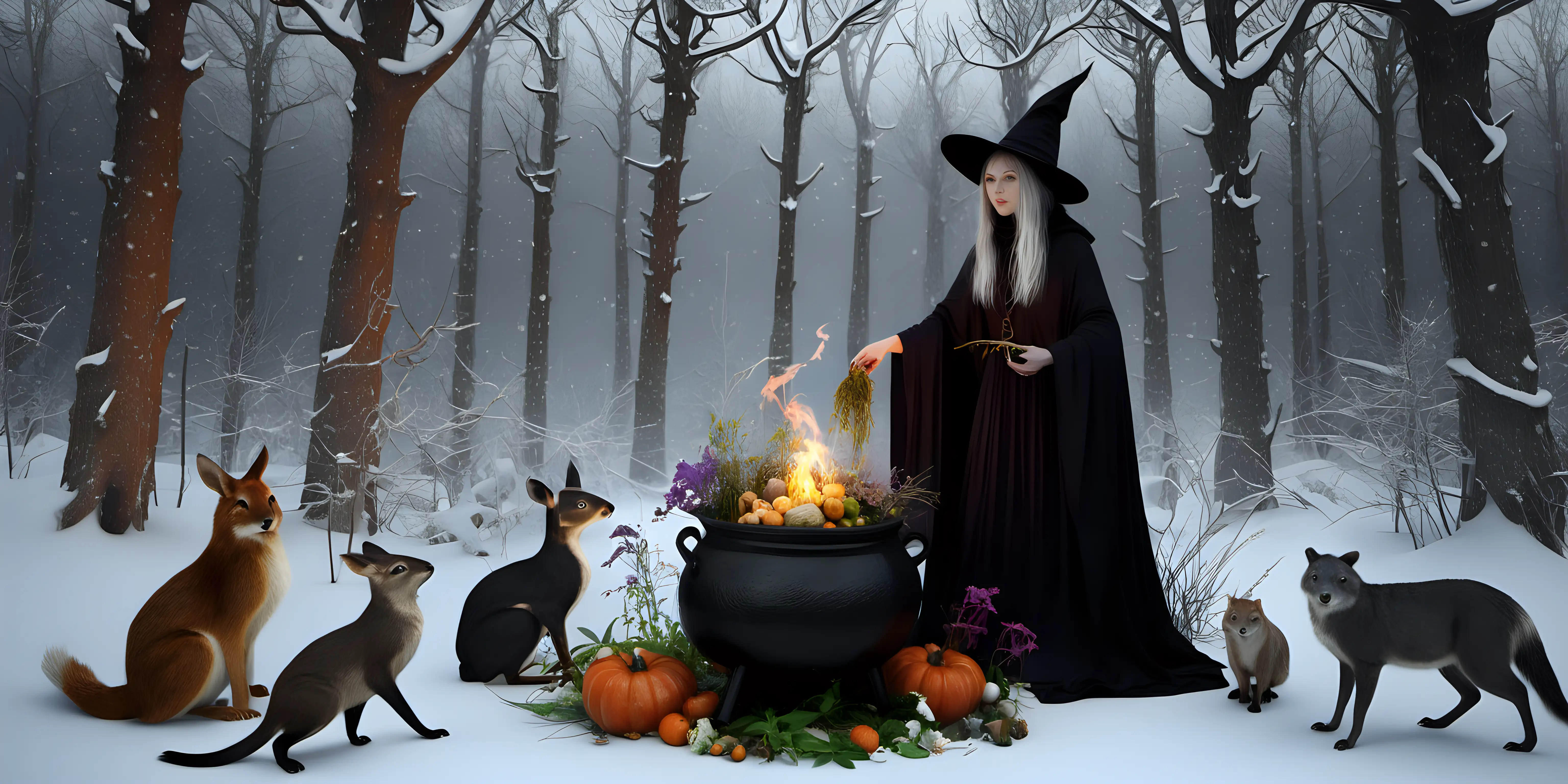 a witch in the ancient forest with all the forest animals around her in the snow,  She has a cauldron filled with herbs & flowers