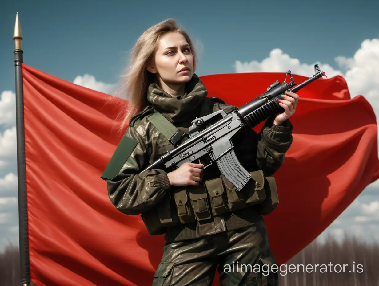 Portrait of a Russian woman - an officer in camouflage with a machine gun salutes with a giant flying red flag, detailed photo