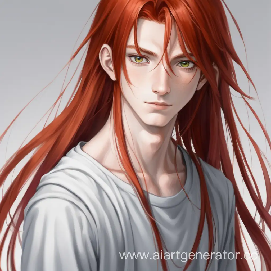 Young boy. 19 years old. Thin, graceful, charming, beautiful. With bright long red hair and white strands. Gray eyes.