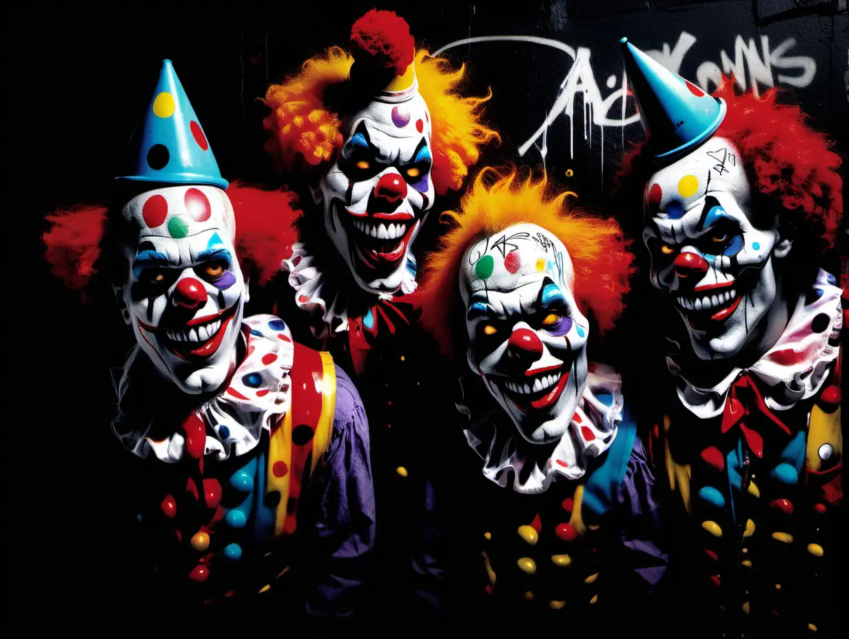 Clowns, skulls, graffiti, black background