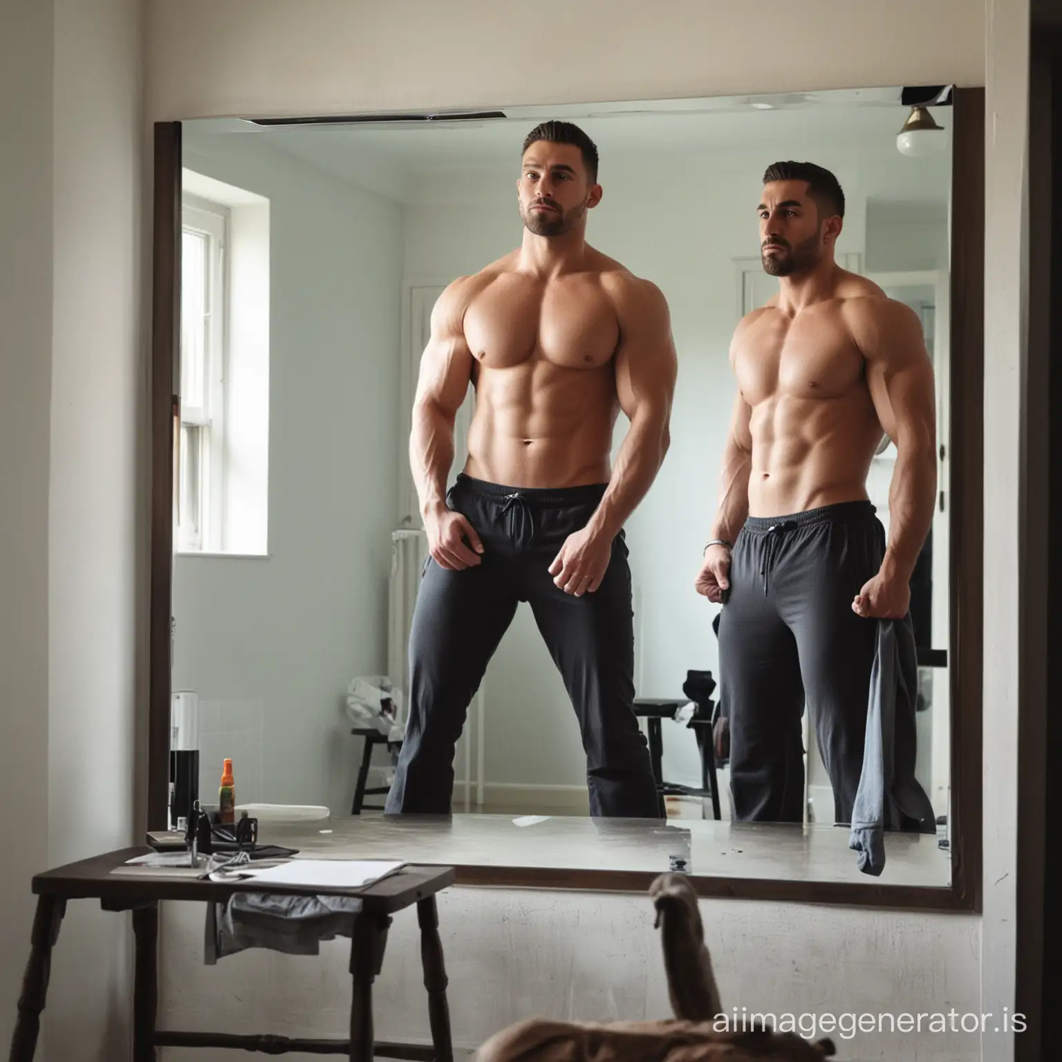 A strong man standing in front mirror