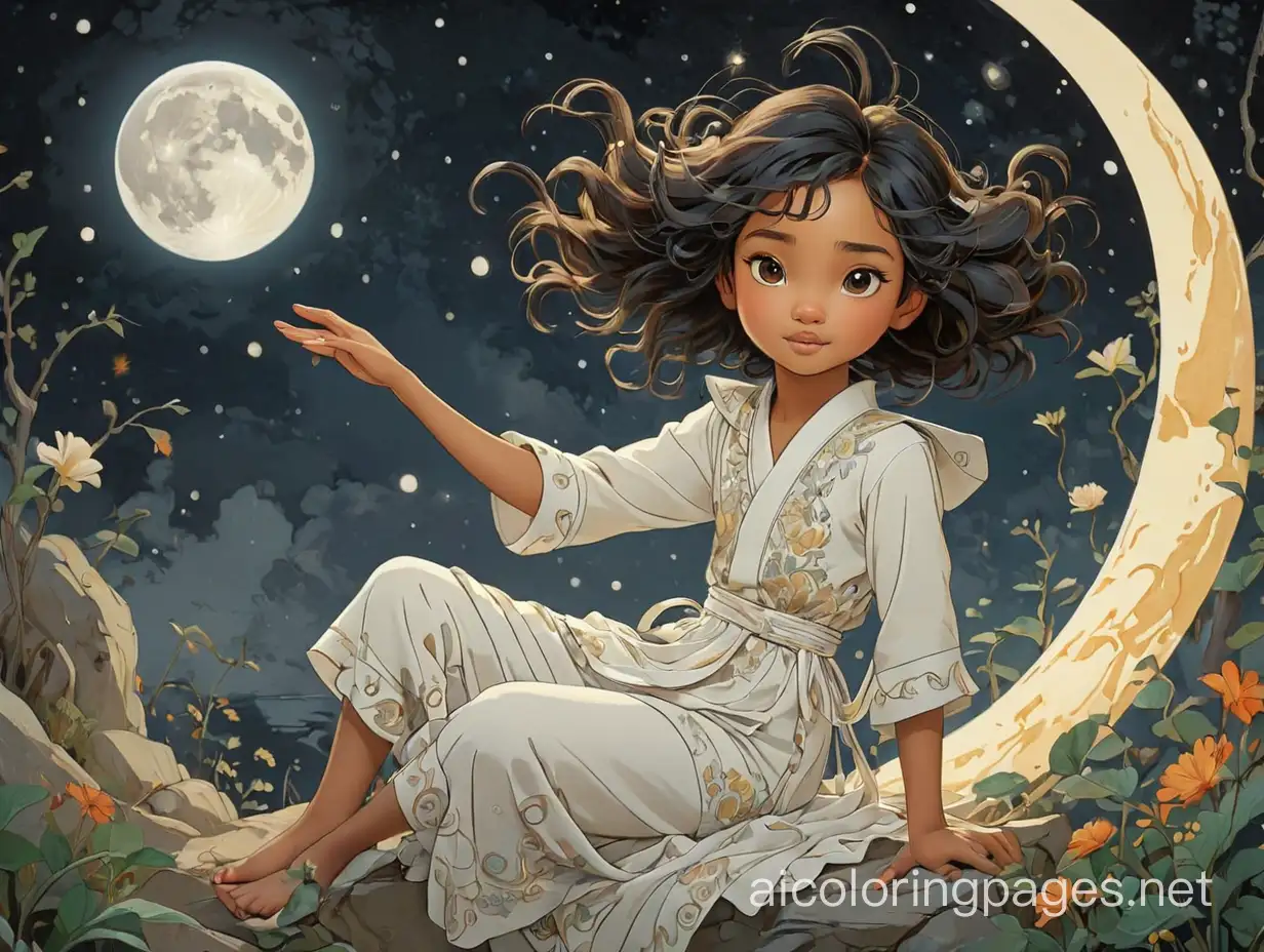 when the full moon is bright ,Victo Ngai , Evyind Earle, Mikki Lee, Coloring Page, black and white, line art, white background, Simplicity, Ample White Space. The background of the coloring page is plain white to make it easy for young children to color within the lines. The outlines of all the subjects are easy to distinguish, making it simple for kids to color without too much difficulty