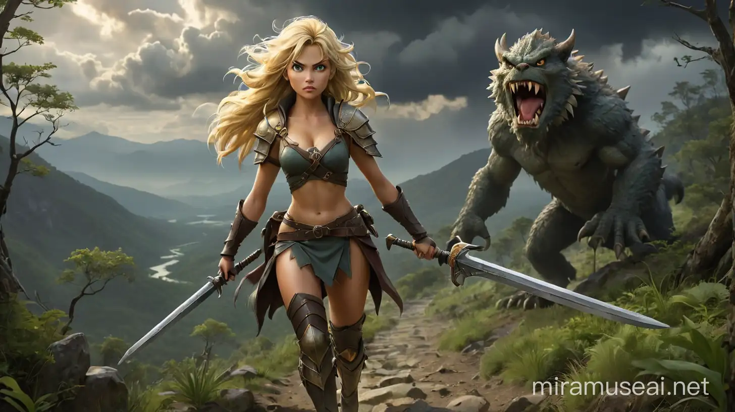 A beautiful blond warrior woman is walking on a path towards a descending valley before her. She sees the ominous forested valley stretch out below her. There are dark clouds in the distance She carries a sword. Her path is blocked by a hairy drooling monster with big claws and teeth. The monster is much larger than she is. She faces it down.