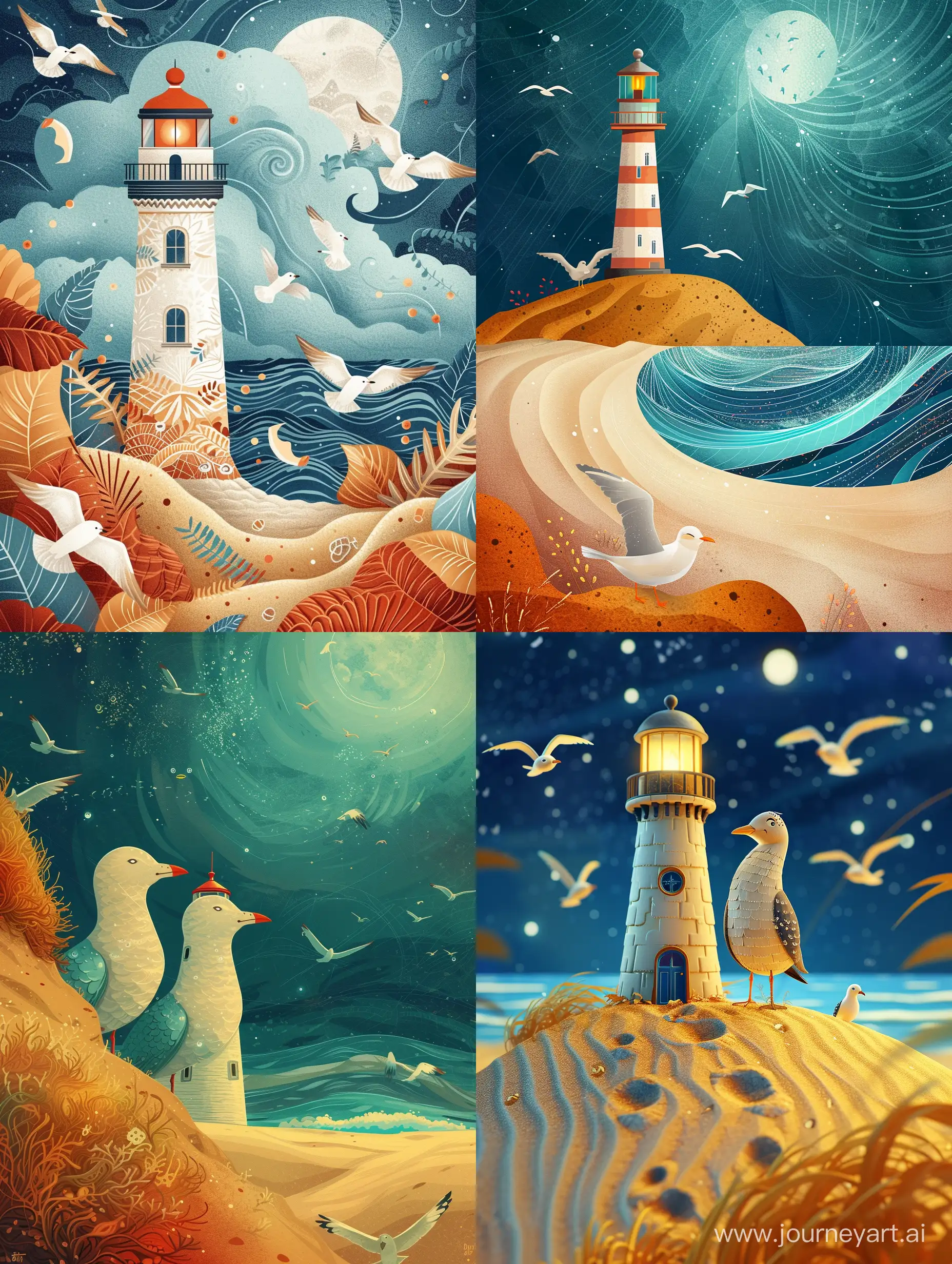 lighthouse, sea, sand, close up seagulls, otherworldly, celestial Craola, Dan Mumford, Andy Kehoe, Luis Royo, flat, cute, adorable, fairytale, storybook detailed illustration, cinematic, ultra highly detailed, tiny details, beautiful details, mystical, luminism, vibrant colors, complex background --v 6 --ar 3:4 --no 4376