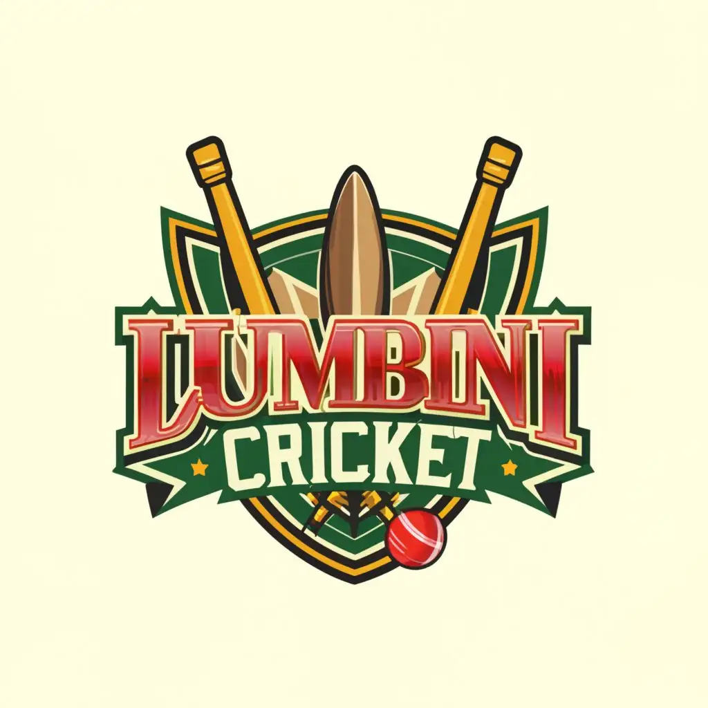 a logo design,with the text "Lumbini Cricket", main symbol:Cricket Bat Cricket Ball red gold green,Moderate,be used in Sports Fitness industry,clear background