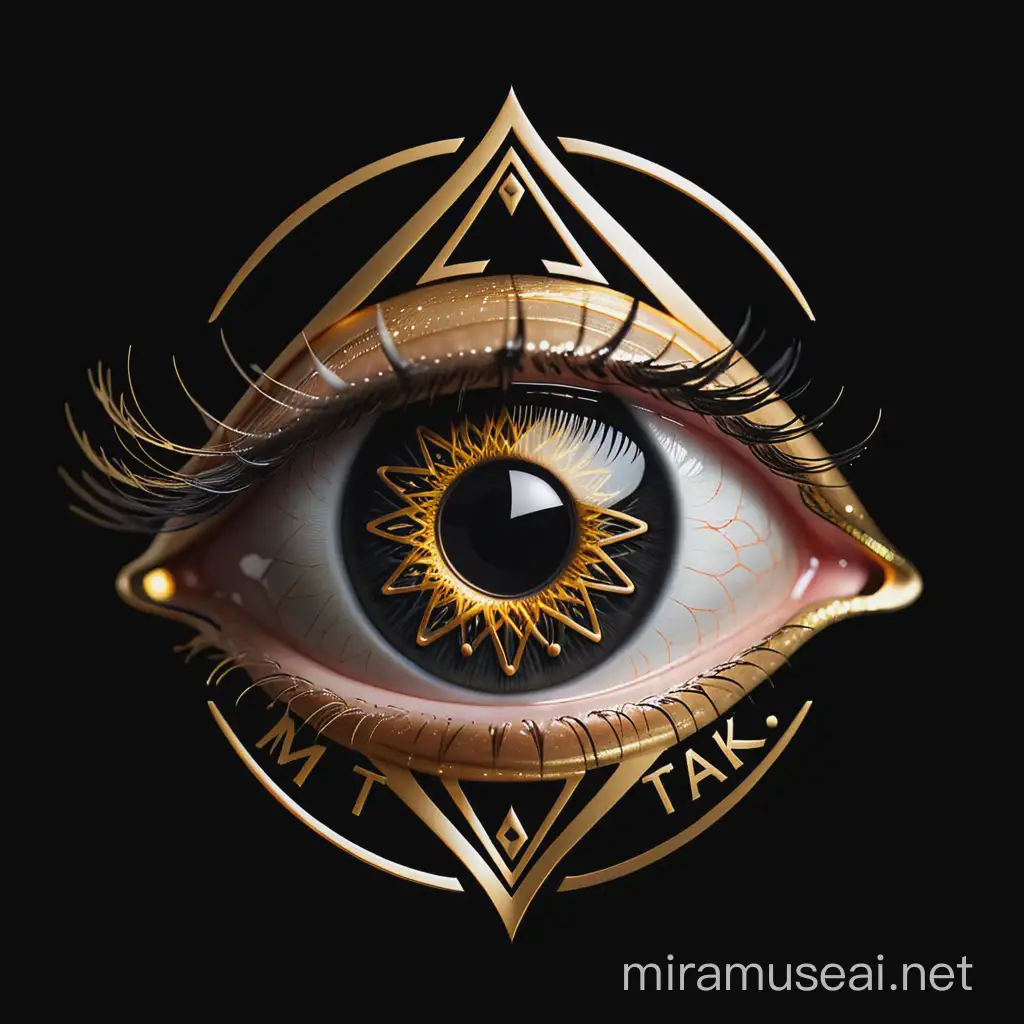 The design of a eye with a black background with the word "MTAK" written in the middle of the logo in gold color with Latin font.