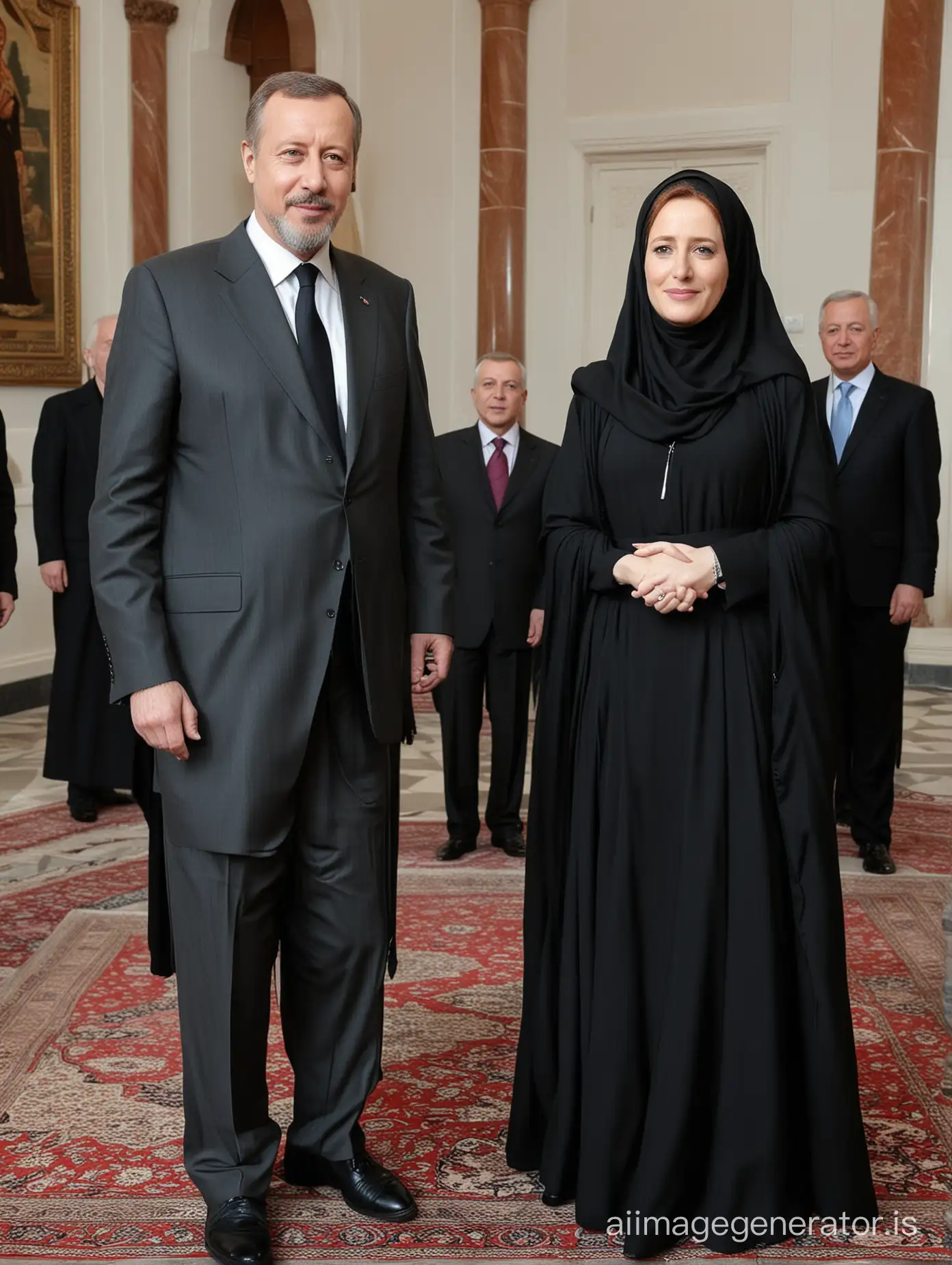 red haired Gillian Anderson with President Erdogan, he asked Gillian to dress accordingly to his Muslim faith and wear a floor-length flowing oversized black jilbab with long black hijab and stand demurely beside him as his submissive wife