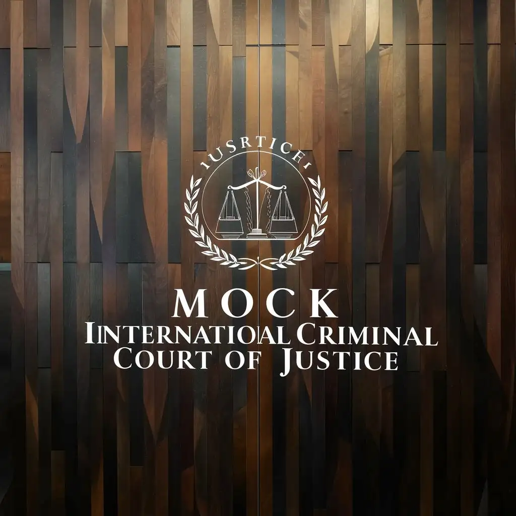 logo, ICJ Courtroom-judges, with the text "Mock International Criminal Court of Justice", typography, be used in Legal industry