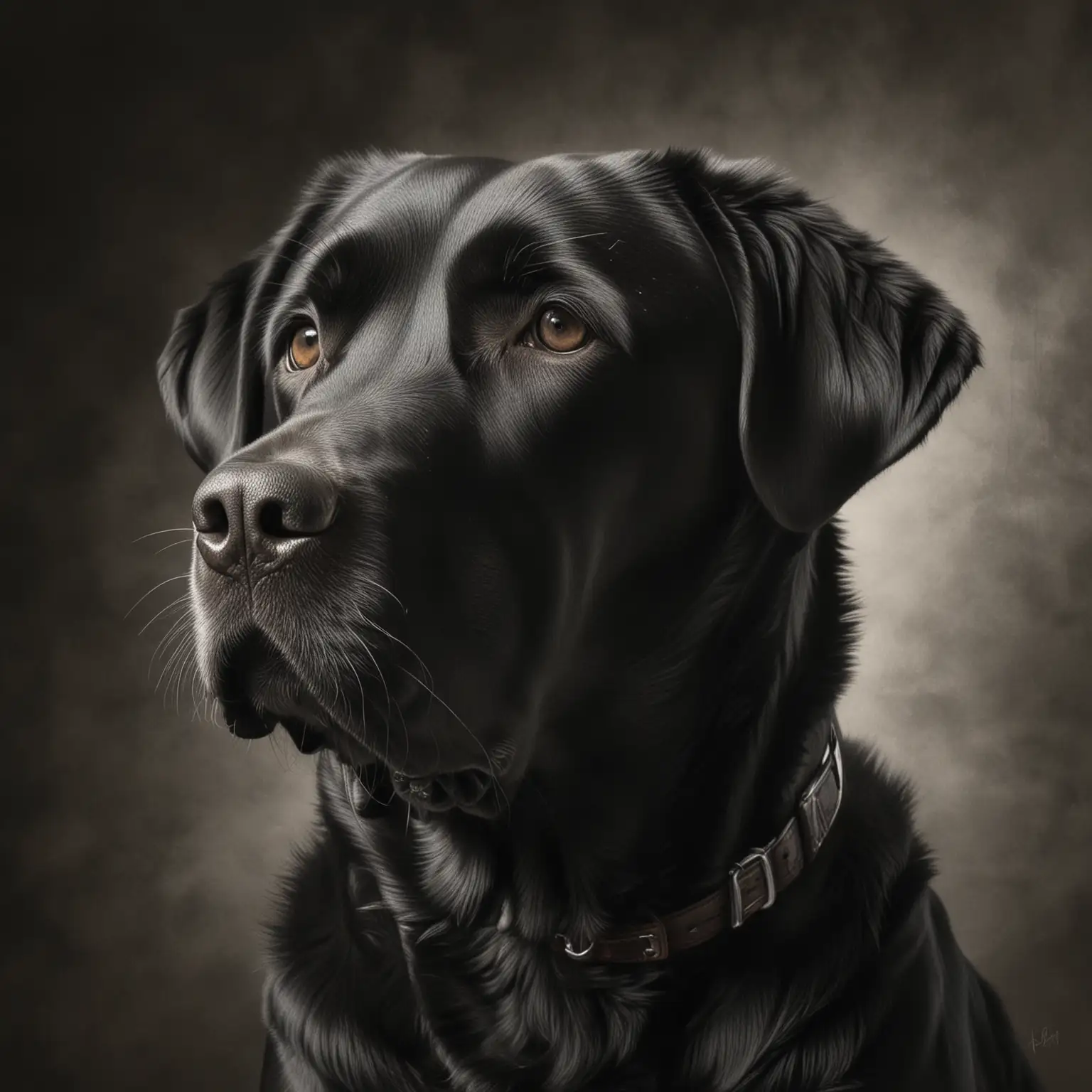 Realistic Charcoal Drawing (((black Labrador retriever))), captured in the style of Bulgarian Expressionism, with emphasis on expressive (((portraits))), bathed in a (HDRI light) that mimics Rembrandt's classic ('Rembrandt Lighting') with aperture value of f/8.5 and focal length of 10mm lens