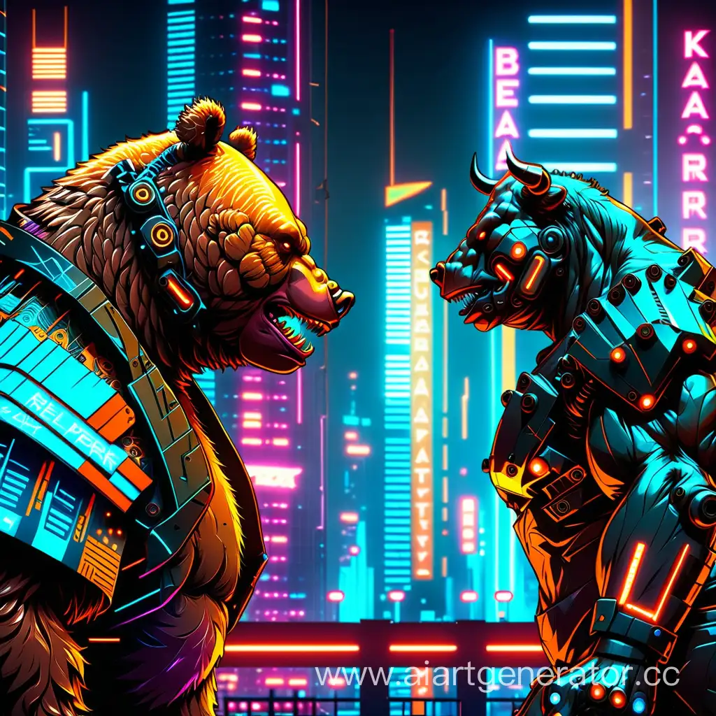 The best quality, the grin, the anger at each other. A bear and a Bull in cyberpunk style stand together and prepare for battle. Cyberpunk style strapping, bold colors and patterns. Stunning cyberpunk urban landscape: skyscrapers, glowing neon signs with crypto exchange charts. LED lights. Intricate details, ultra detailed, cinematic lighting, strong contrast.