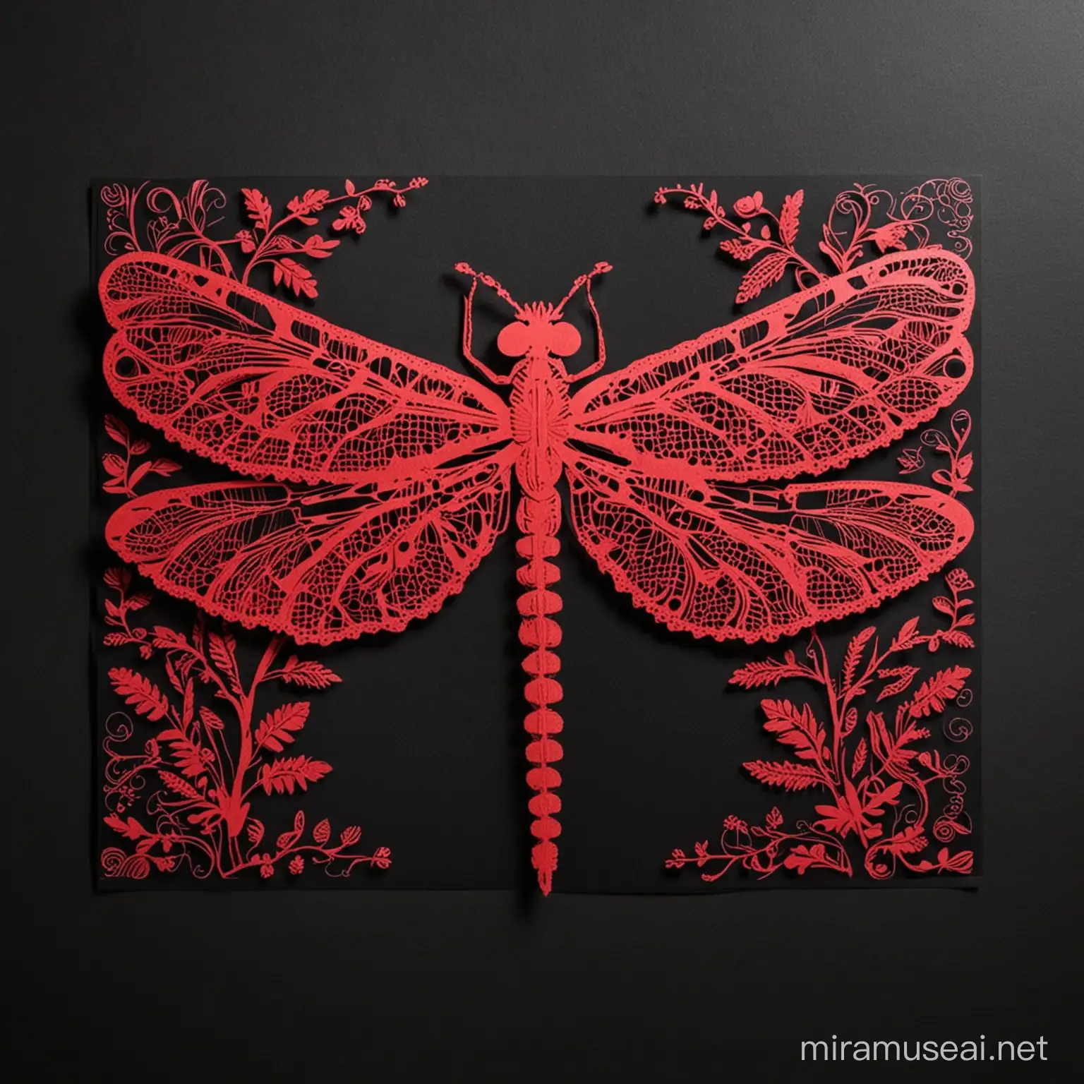 Dragonfly Papel Picado Art Handcut Red Paper on Black Background