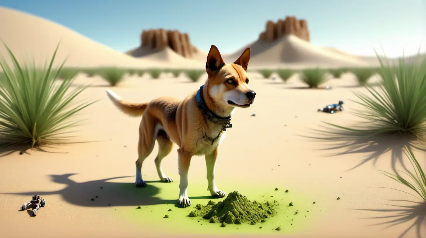 Create an image depicting a medium-sized dog with light brown fur, in a natural pose of a dog defecating bright green feces in a desert where battles of dog robots smeared with this excrement are taking place in the background. The scene should be Dantean and also include typical features of a desert landscape: vast, sandy dunes, sparse vegetation, and a bright blue sky. Focus on realistically rendering both the dog and the environment, paying attention to details such as the texture of the sand and the lighting of the scene, which suggests a bright, sunny day. The composition should be balanced, with the dog placed in the center of the frame, allowing focus on its behavior as well as the beauty of the natural desert landscape.