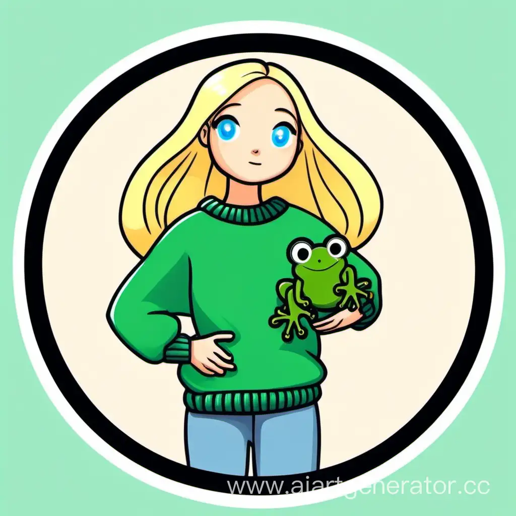 Длинноволосая девушка блондинка с голубыми глазами в зелёном свитере и штанах. Минимализм, мультяшный стиль. Стикер для логотипа в круглой или квадратной рамке. В руках держит вязанную лягушку