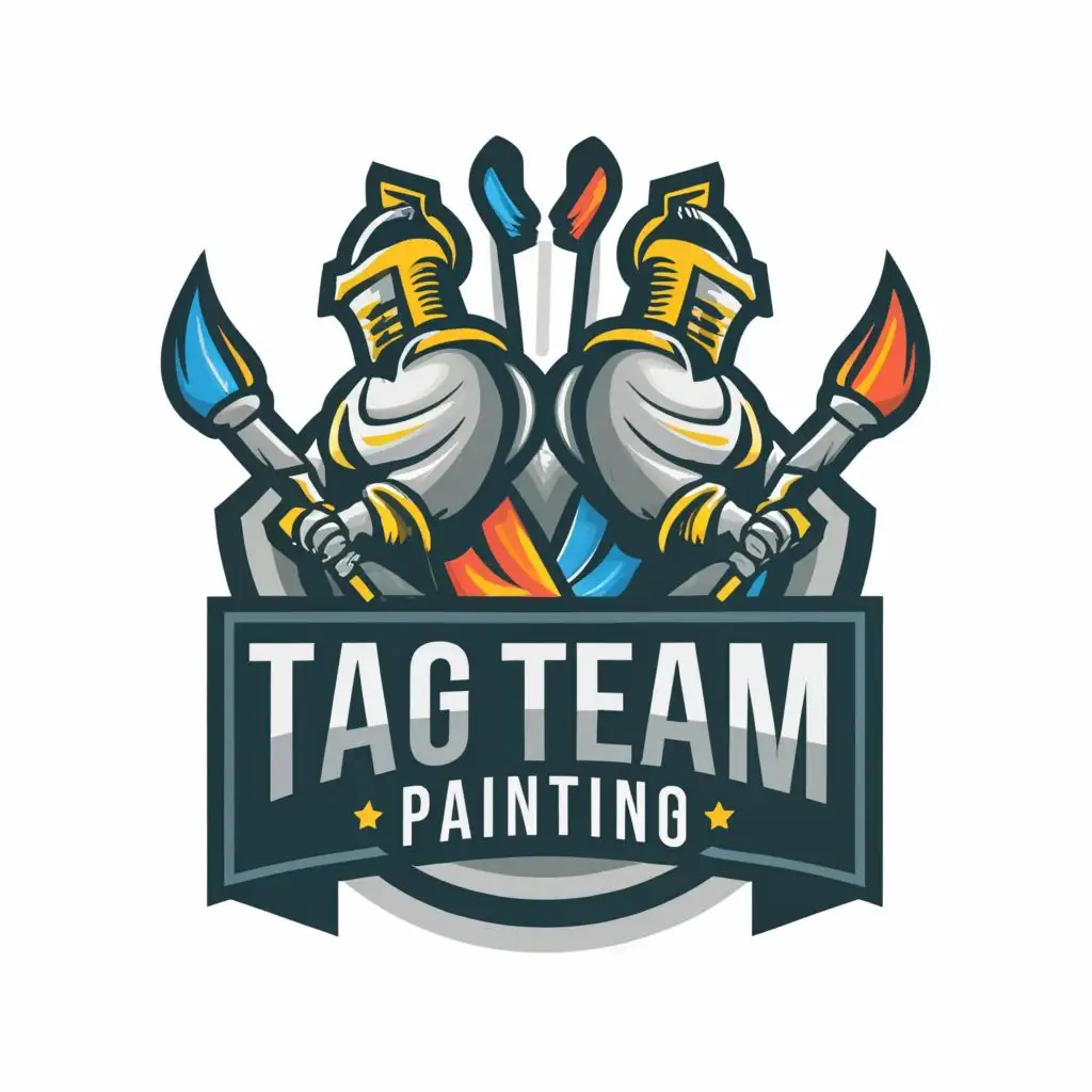 a logo design,with the text "TAG Team Painting", main symbol:Two Knights. Two Paint Brushes.,complex,clear background