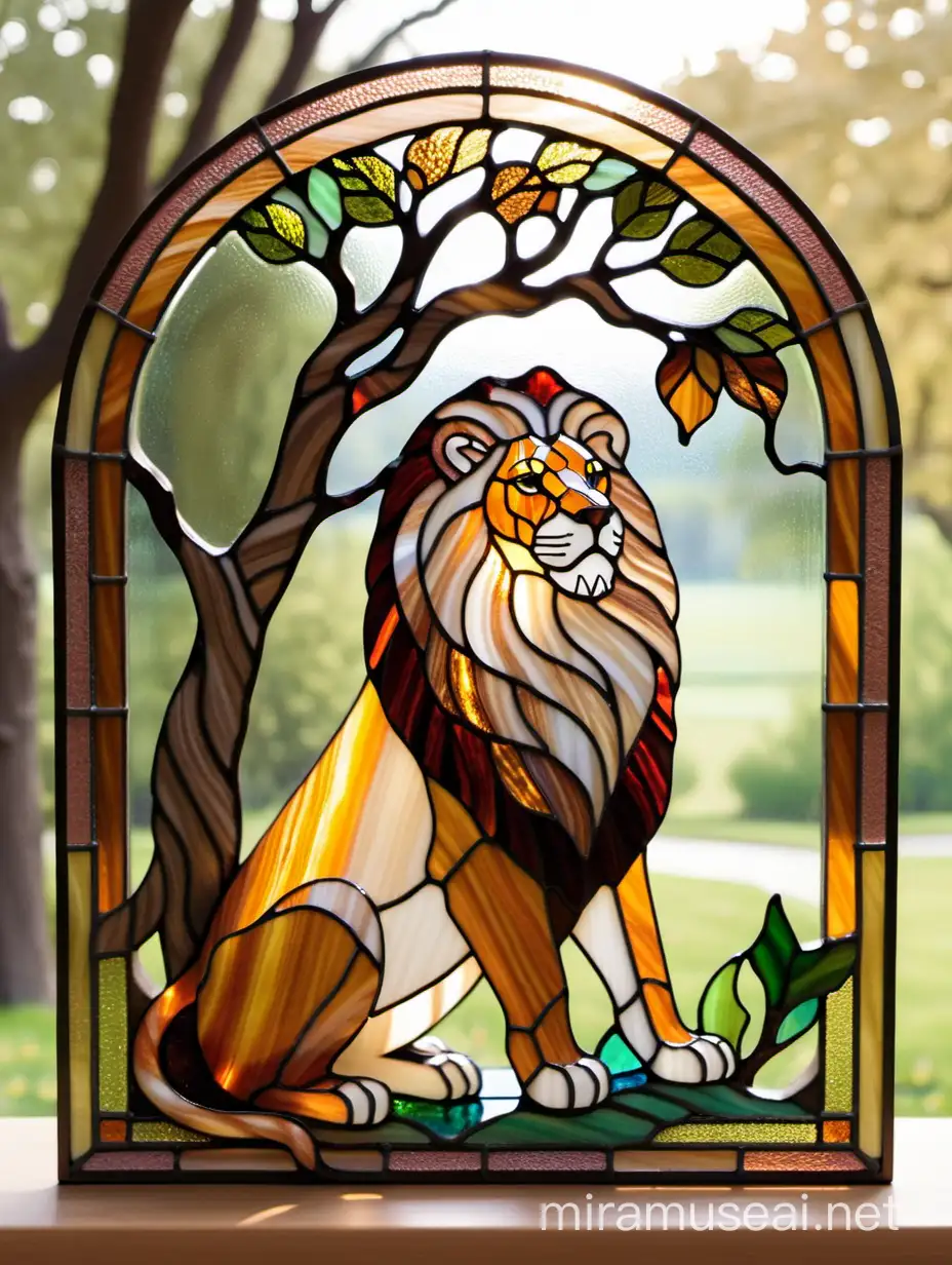 витражная композиция "лев сидит  по дубом" из цветного стекла тиффани
