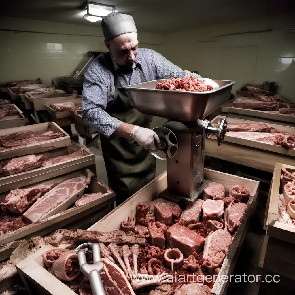 Man-Operating-Meat-Grinder-Producing-Coffins