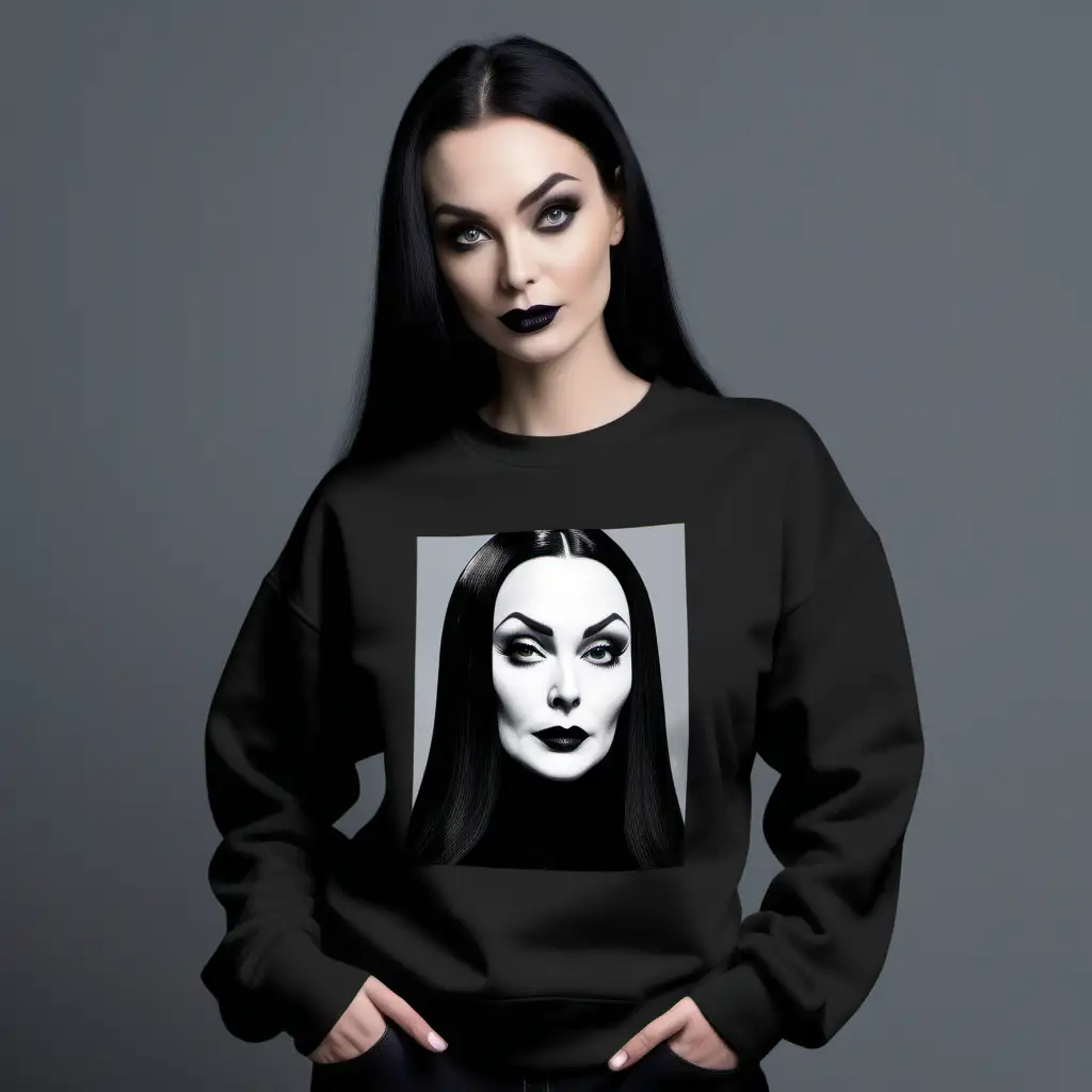 a mockup for a black sweatshirt.  the model wearing the sweatshirt should resemble morticia addams