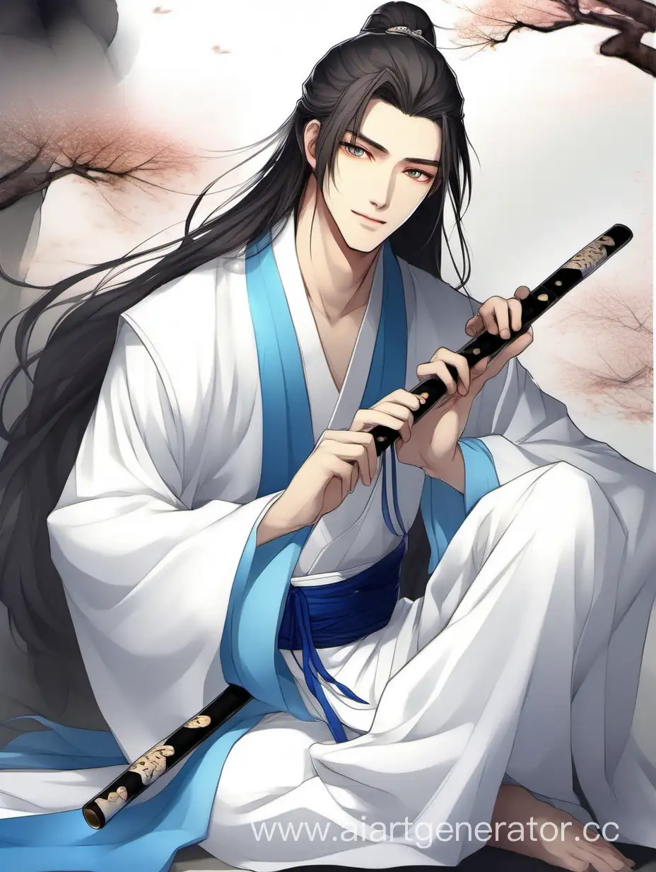 Charming-Young-Man-in-Traditional-Hanfu-Playing-Flute-with-Gentle-Smile