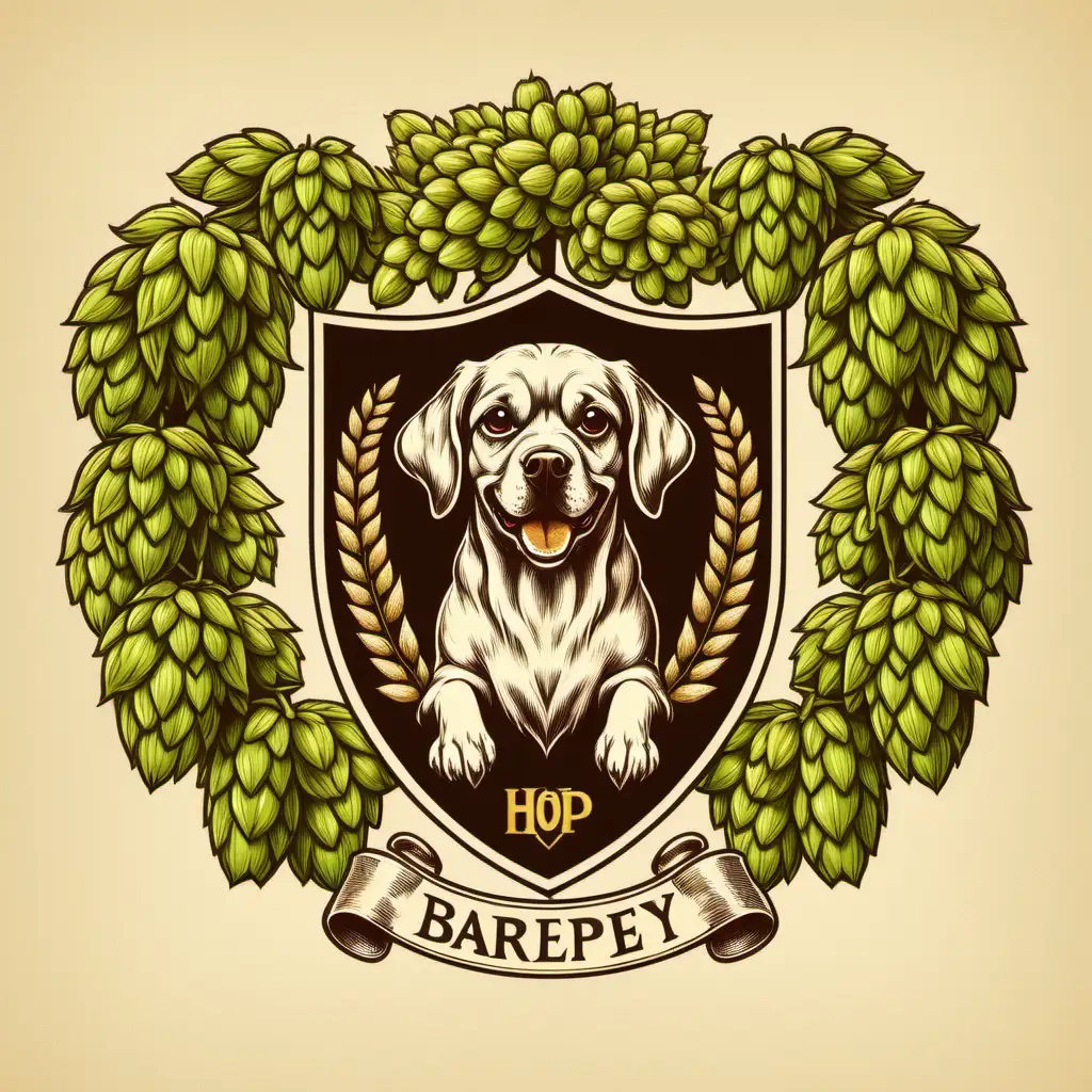 coat of arms with hops, barley, dog
