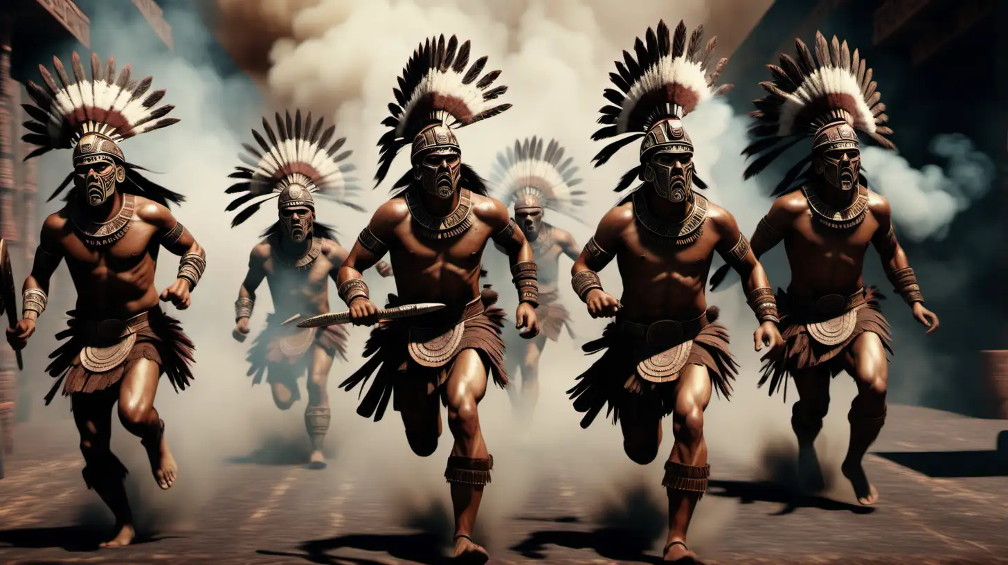 ,guerreros aztecas corriendo hacia el enemigo,humo,imagen ultra realista, iluminación cinemática,alta definición, y 8k