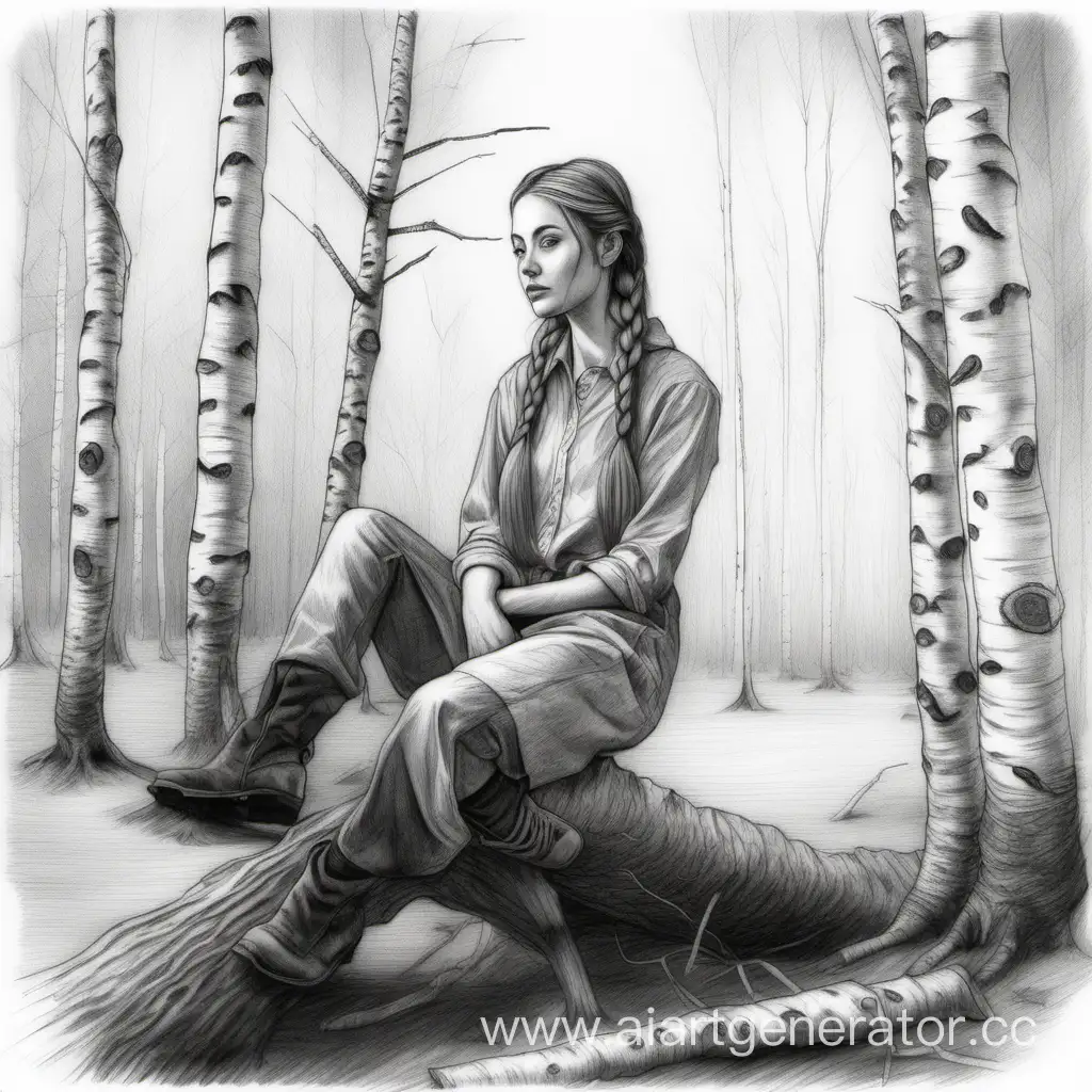 Красивая молодая женщина с длинной косой сидит на пне посреди березового леса, рисунок карандашом.