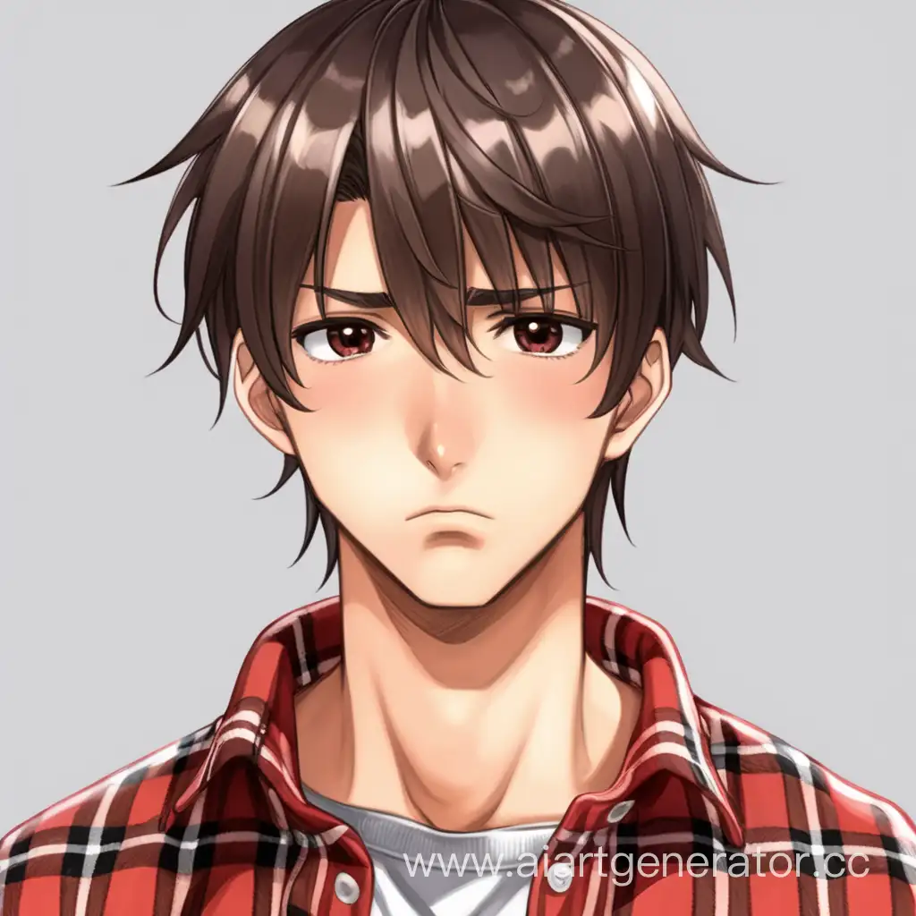 The guy is young, athletic build, tall, has straight short dark brown hair, bangs on two sides with a fleece and dark eyes, he is wearing a red plaid shirt, skin color is slightly tanned, There are several moles on his face, His face is unhappy, anime style.