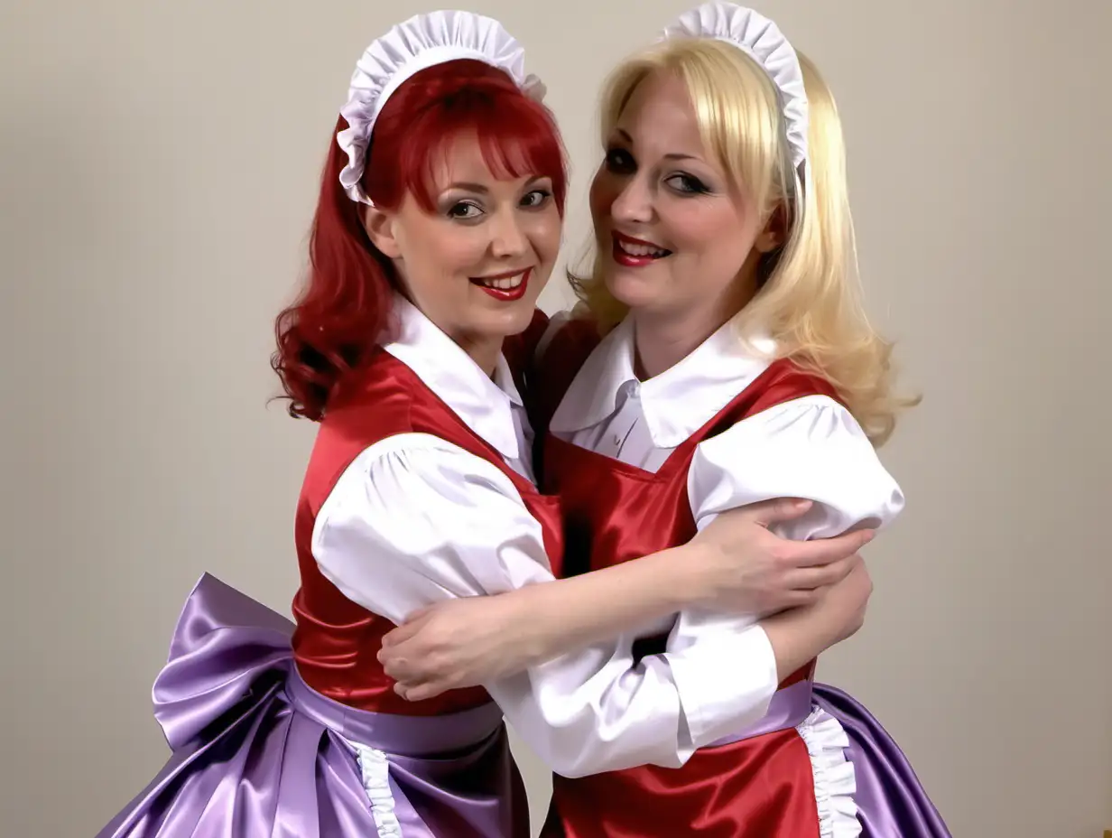 girl in long crystal satin retro maid red lilac uniforms and milf mothers long blonde and red hair hug