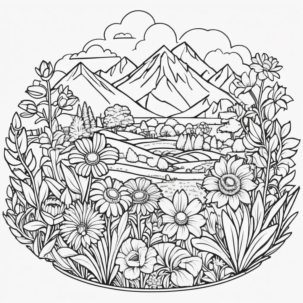 Vibrant Isometric Flower Landscape Icon for Coloring Page