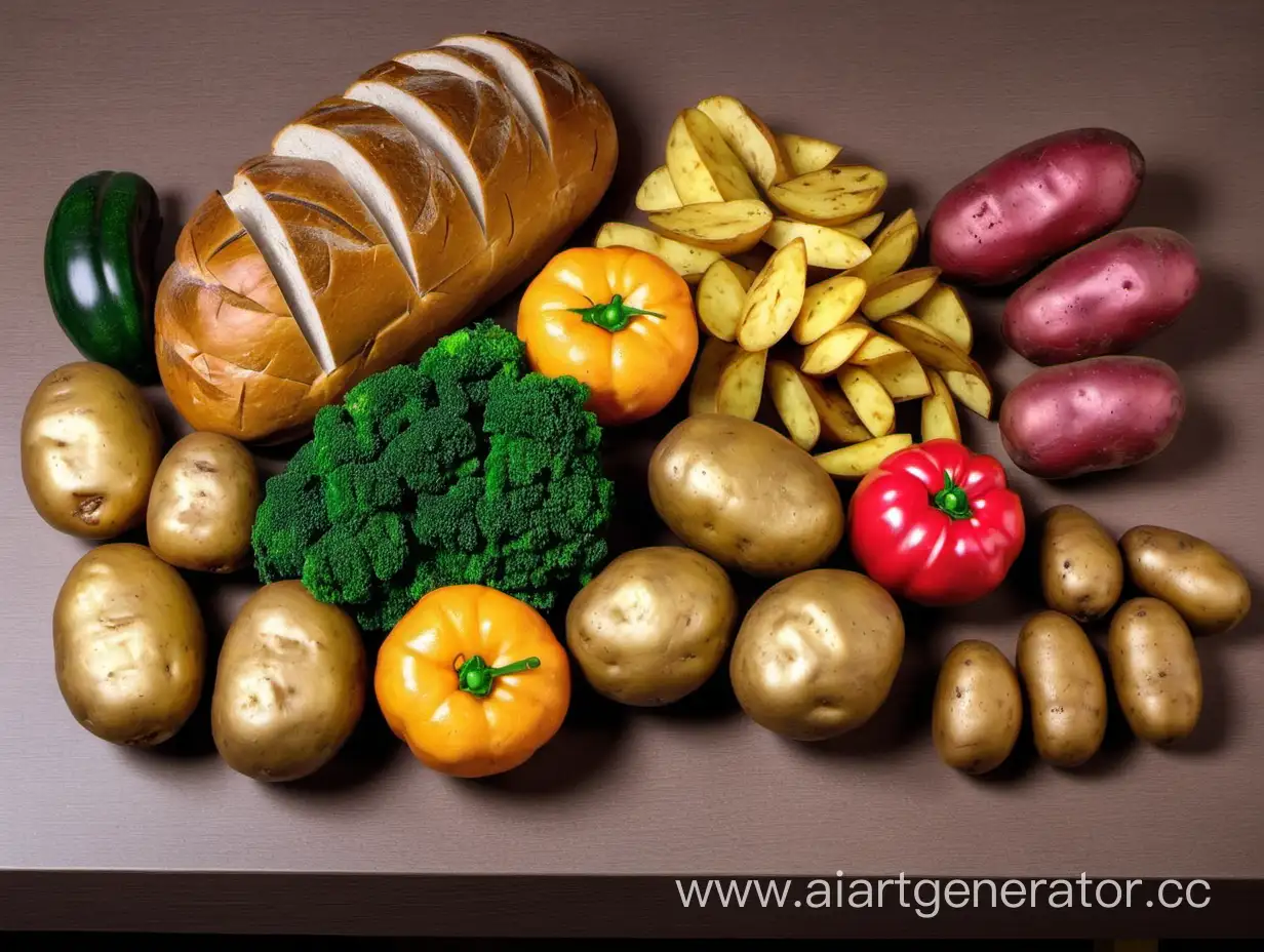 На столе лежат фрукты, лежат овощи, хлеб, картофель