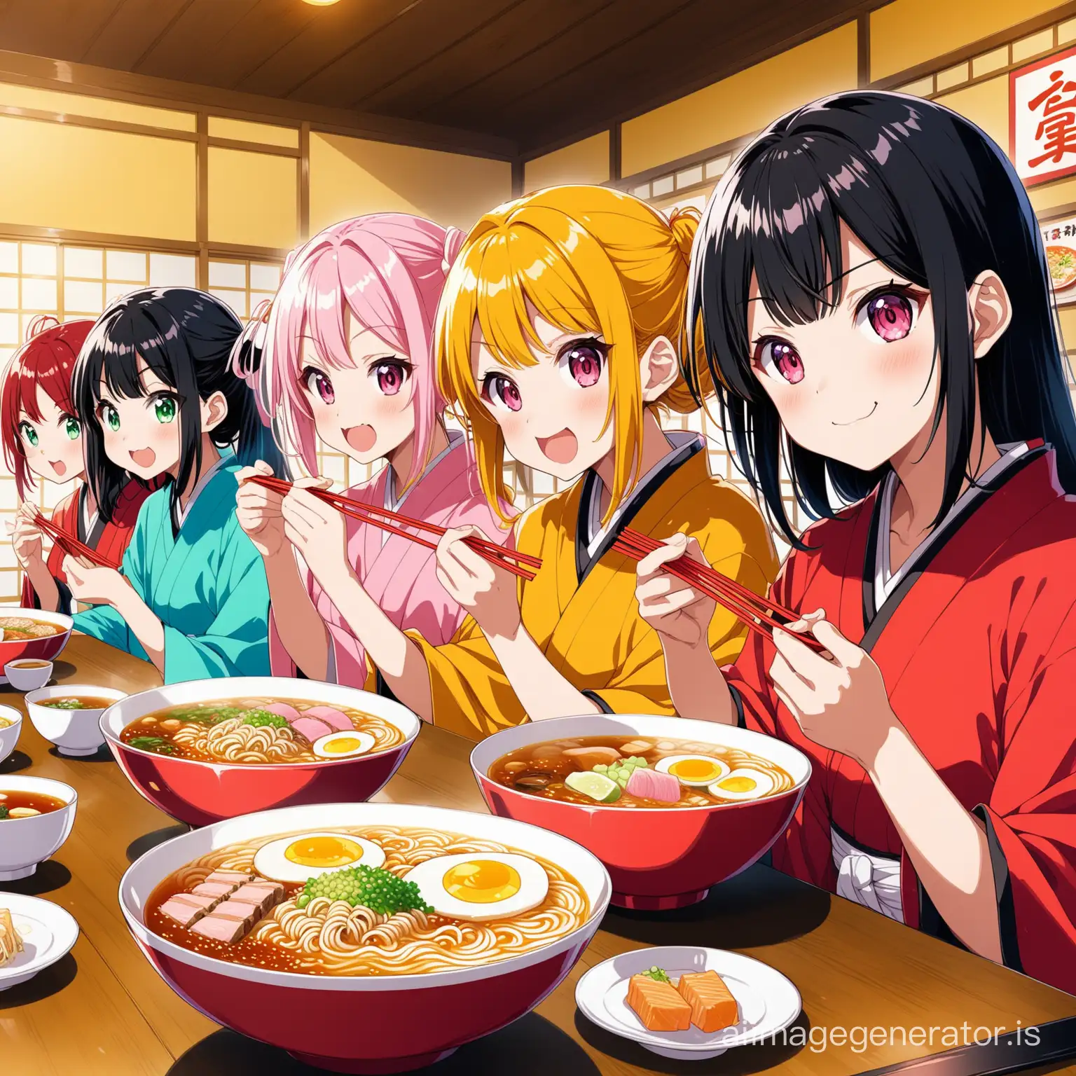 famous anime characters eating ramen in a colorful Japanese restaurant
