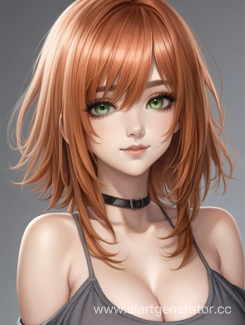 hair color light shade copper hair cut mallet length hair a little longer than shoulders, long eyelashes black, gray-green eyes, nose with a hunch, attractively beautiful appearance, medium-sized breasts as well as hips