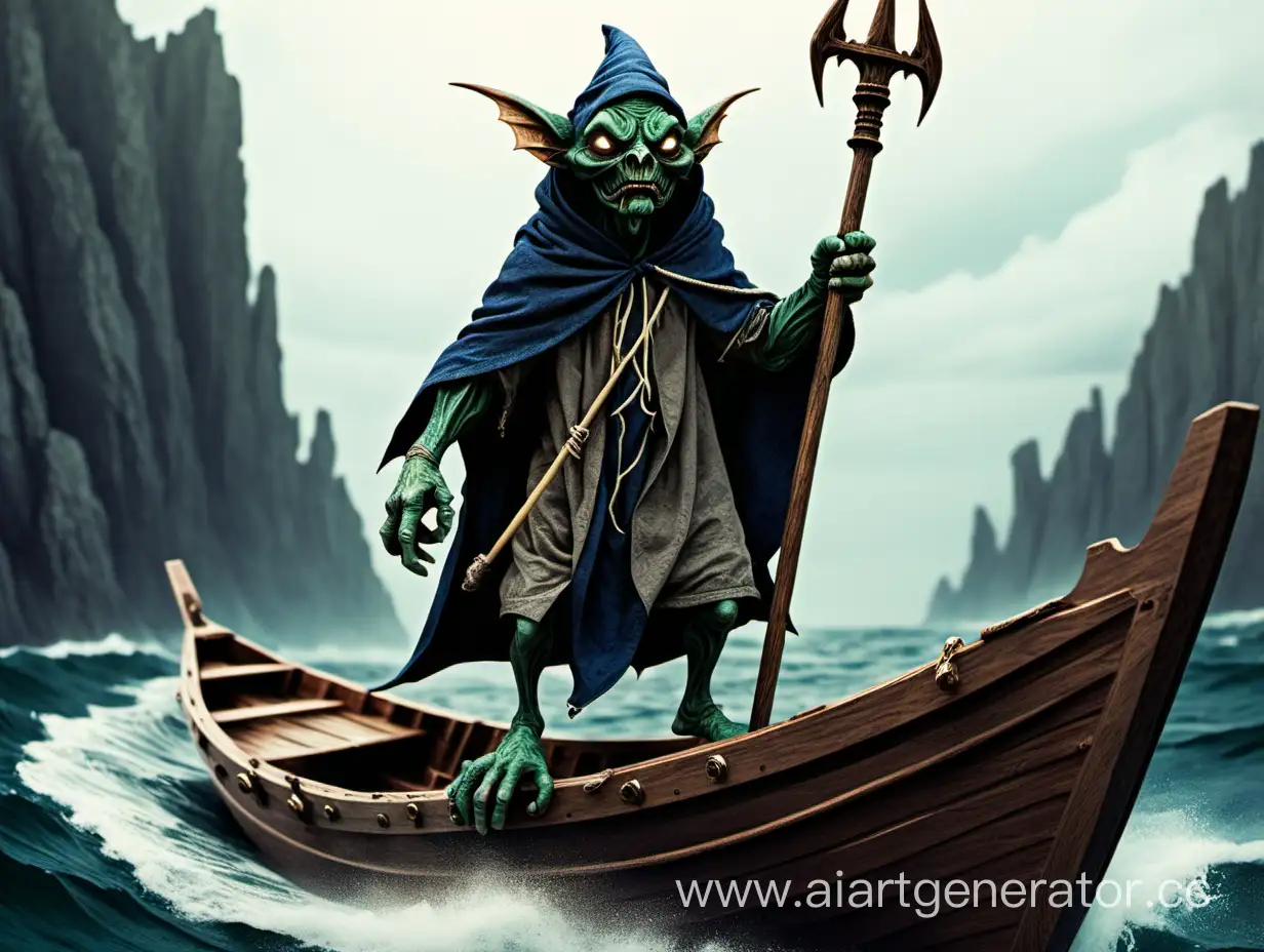 Mystical-Sea-Goblin-Journeying-on-a-Boat-with-Wooden-Spear-and-Paddle