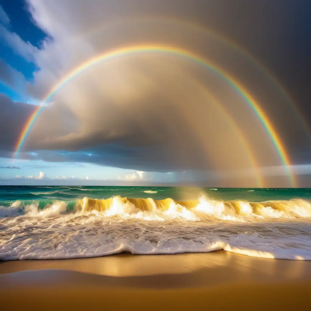 Vibrant Ocean Scene Waves Crashing on Golden Sand Beach with Rare Rainbow Cloud Formation