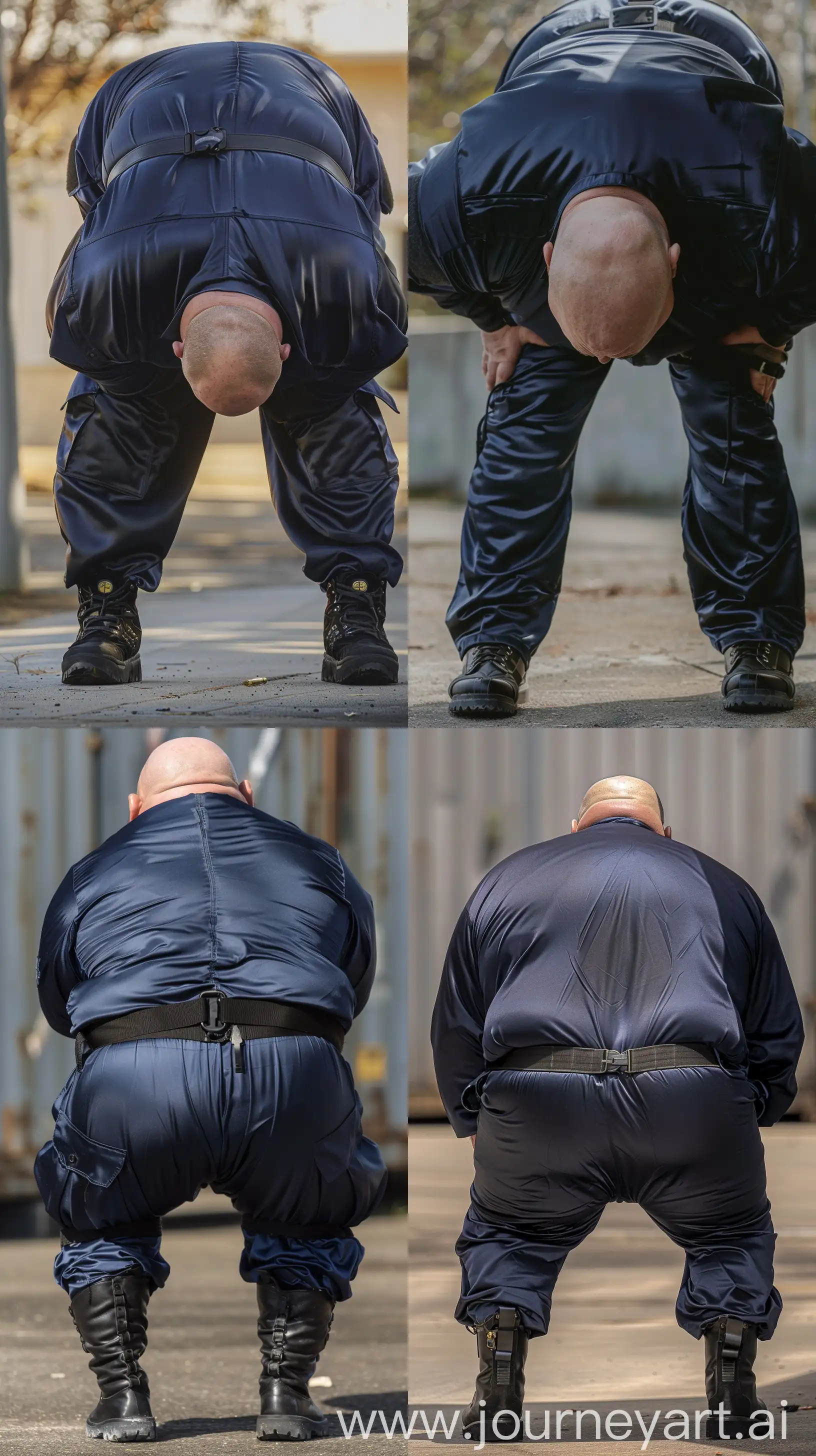 Close-up full body back view photo of a very fat man aged 60. The man is wearing silk navy battle tight coverall tucked in black tactical boots. Black tactical belt. Bowing. Outside. Bald. Clean Shaven. Natural light. --ar 9:16