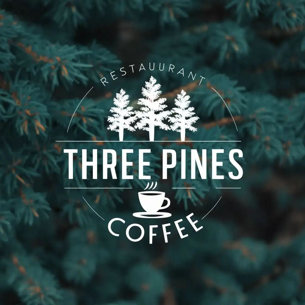 LOGO-Design-For-Three-Pines-Coffee-Rustic-Charm-with-Pine-Trees-and-Coffee-Cup-Emblem