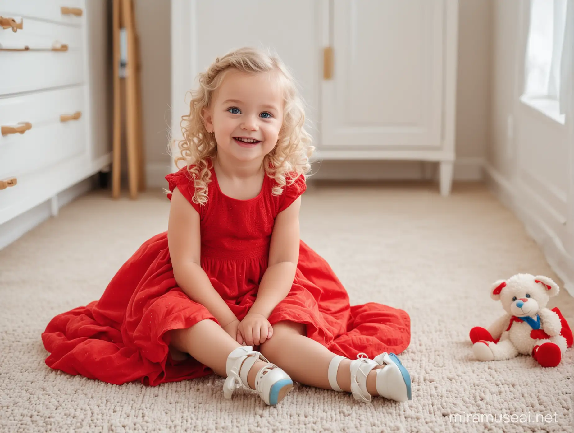 a cute girl three years old sitting on the soft beige carpet in the bright room with white walls, toys are around her on the floor, she is happy, in a red dress,  white shoes, blonde curls, blue eyes, real photo, cozy atmosphere