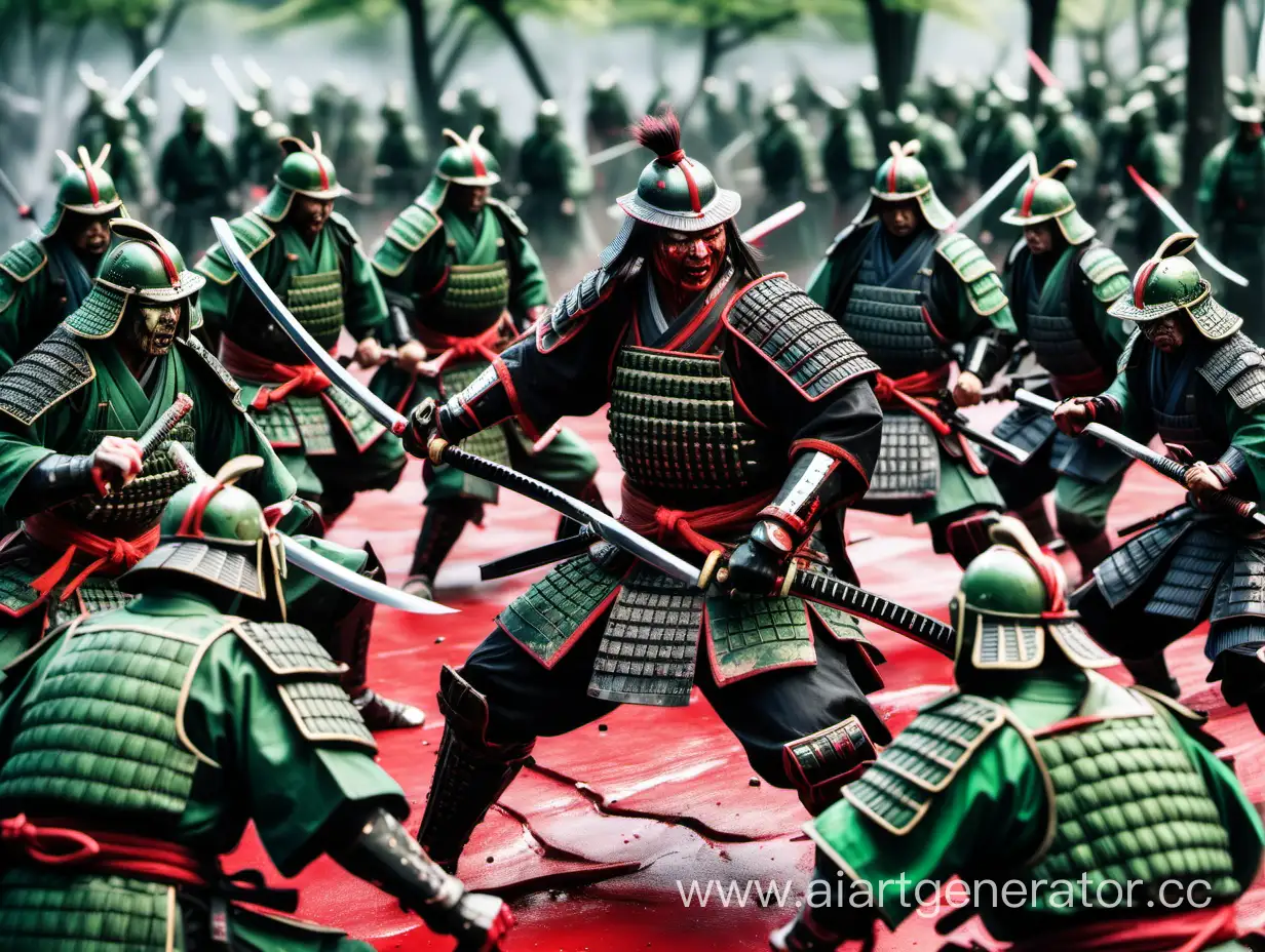Окровавленный самурай в зелёной броне, сражается из последних сил, окружённый вражескими самураями в красном