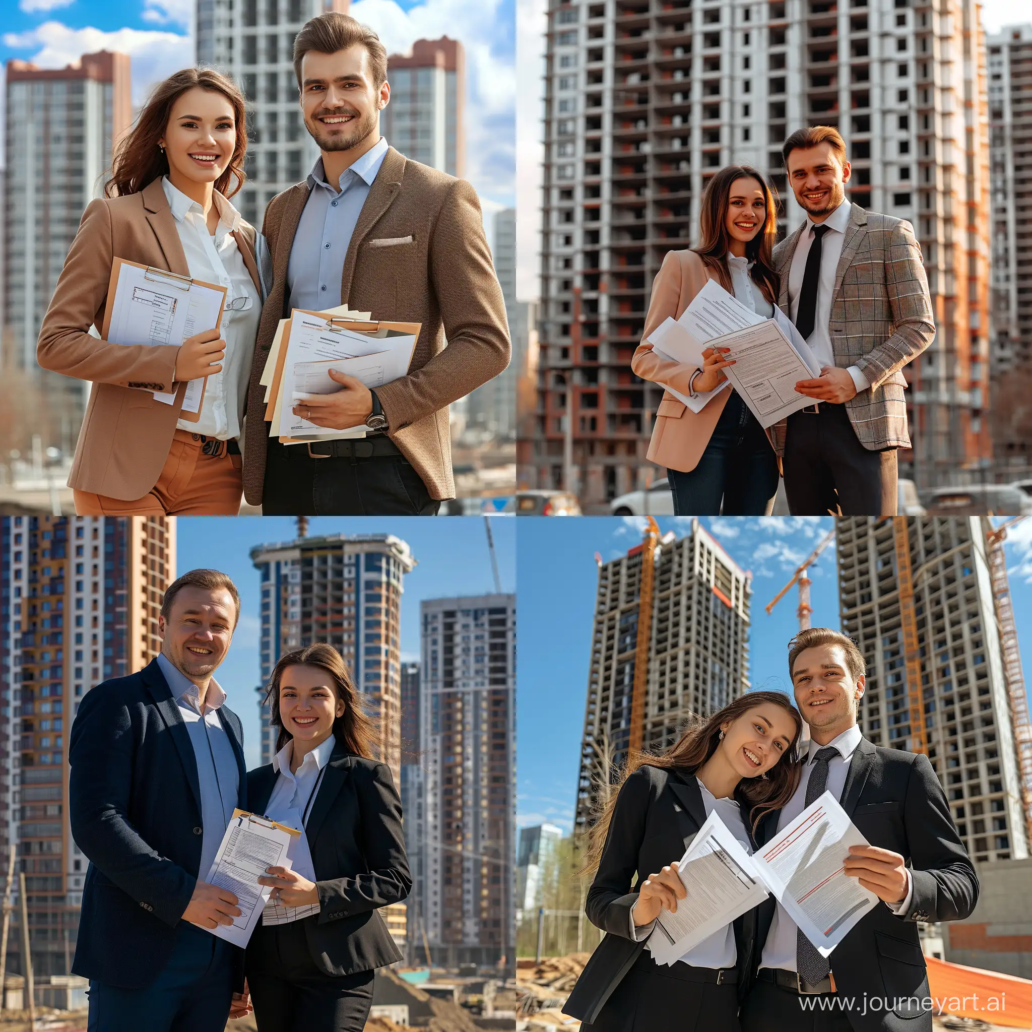 Smiling-Realtor-Couple-with-Documents-in-Hand-Surrounded-by-New-Buildings-in-Tyumen