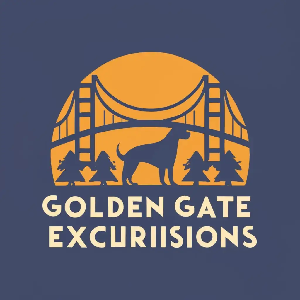 logo, dog, with the text "S.F. Dog Excursions, golden gate bridge, dog, trees", typography