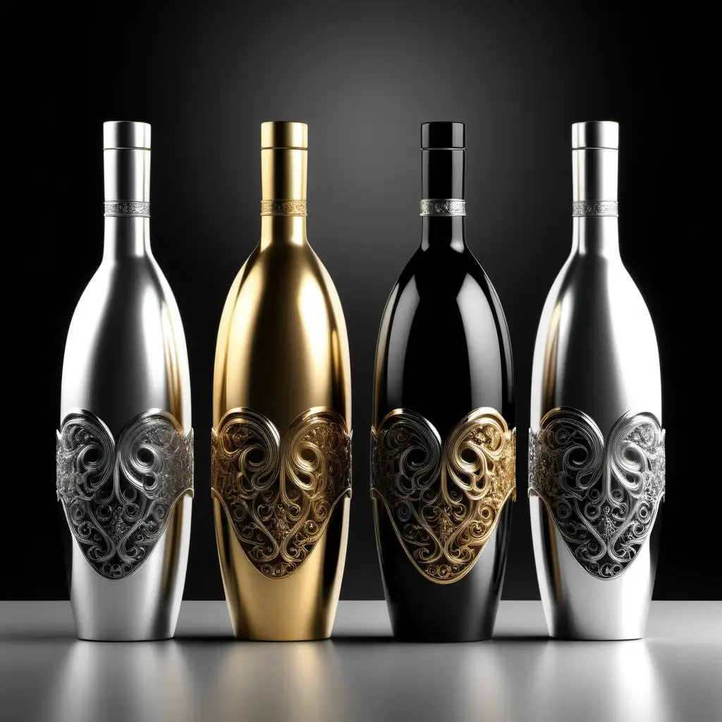 现代酒瓶设计，高端酒，酒瓶外形很奇特，精密的产品照片图像，高细节，银色和黑色陶瓷，金色装饰，出三套方案