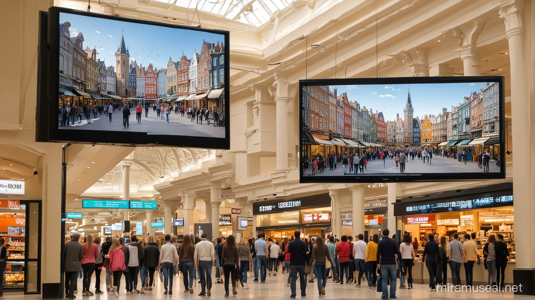 Urban Landscape Displayed Across Varied Monitors in a Vibrant Mall Setting