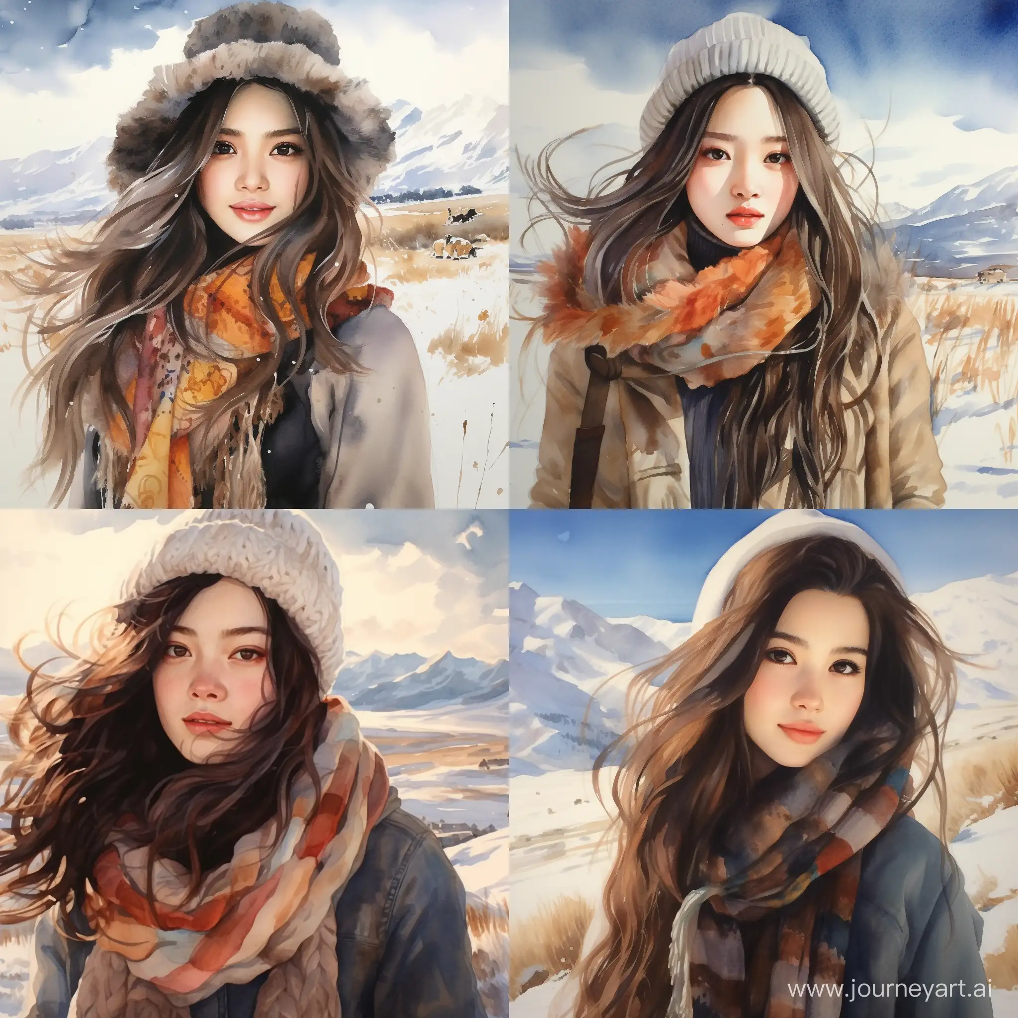 beautiful painting with watercolors and ink, flat steppe, winter, bright sun, blue sky, white clouds, beautiful Asian girl 19 years old, white glowing skin, radiant big brown eyes, light smile, straight nose, wide cheekbones, black brownish hair, warm knitted hat, knitted wool scarf, warm buttoned coat, long dress with long sleeves, high stand-up collar, hair in a braid, round cap on her head, girl in the middle, focus on face, walking, beautiful picture, waist-length portrait view, pleasant, joyful , optimistic.