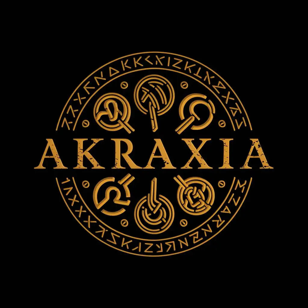 logo, Greek symbols, Celtic symbols, Viking runes, with the text "Akraxia", typography