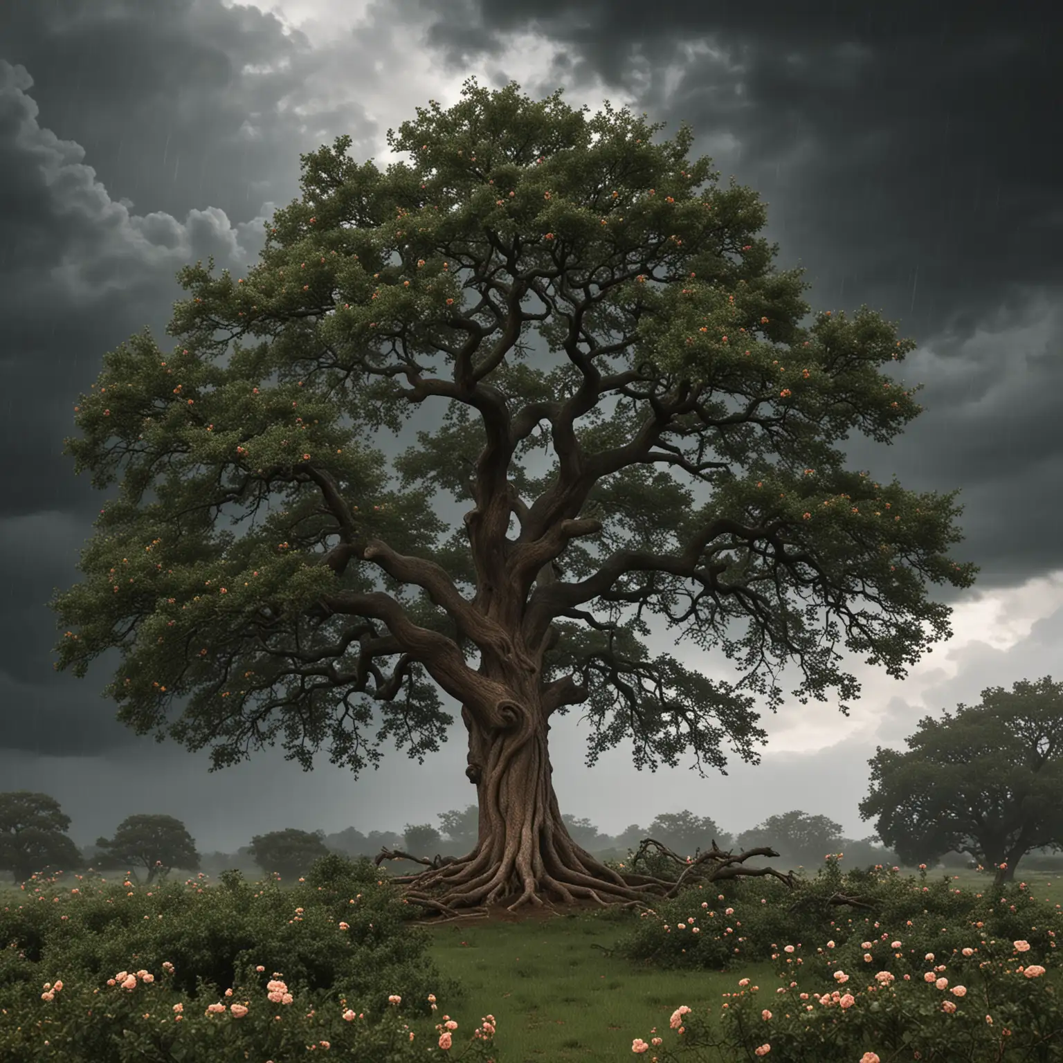 a realistic image of an oak tree standing steadfast amidst a severe ominous storm blwoing around. The tree should convey strength and resilience, with its branches extending outward. Nearby, a rose bush blooms vibrantly, defying the tumultuous weather. The storm should be depicted with dark clouds, swirling winds, and rain pouring down. Despite the chaos, the oak tree and the rose bush remain unwavering symbols of endurance and beauty. eye level perspective. 
