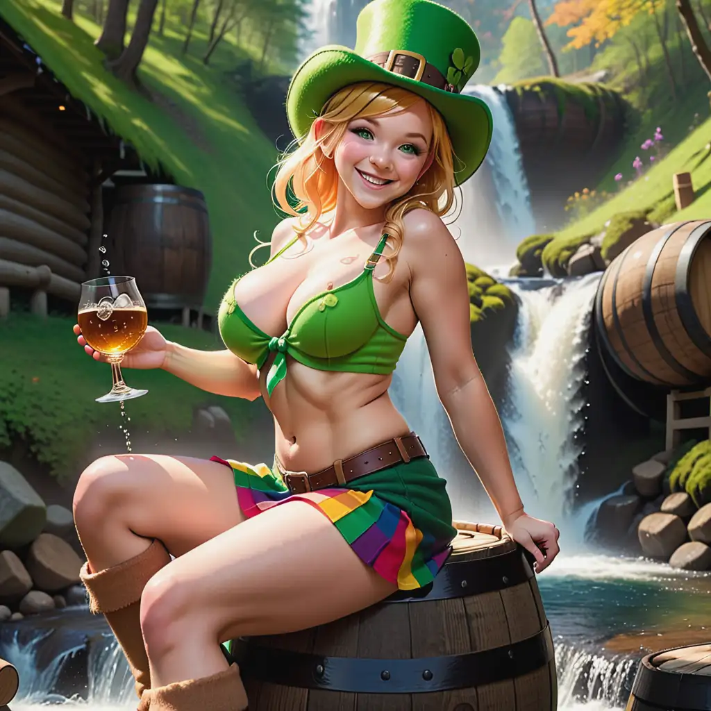 topless Busty leprechaun. She wears a green felt hat and a short rainbow kilt. She has golden  blonde hair. She winks at the passing pixie from atop her whiskey barrel seat. her perky pink nipples stiffen as water spinkles down from a waterfall coming out of a whiskey barrel 