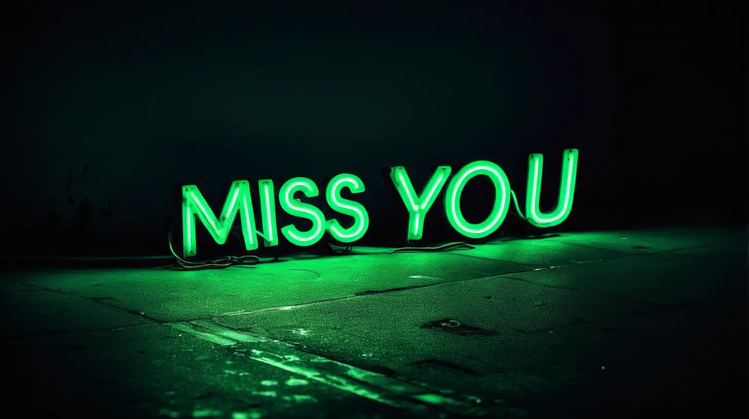 "Miss You" written in dark green neon lighting  in city streets at night, professional photography style
