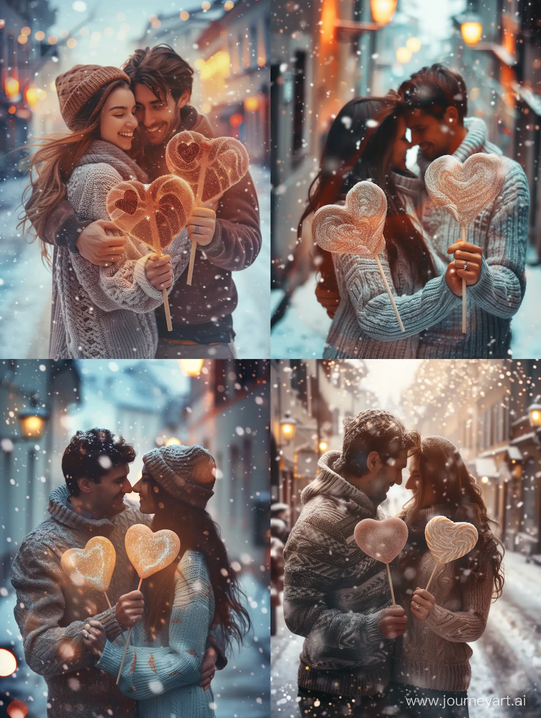 пара счастливо обнимается и держит два леденца в виде сердечка, На фоне заснеженной улицы. Уютные свитера, романтика, Гипер-детализация, высокое расширение, глиттер, мягкий свет.