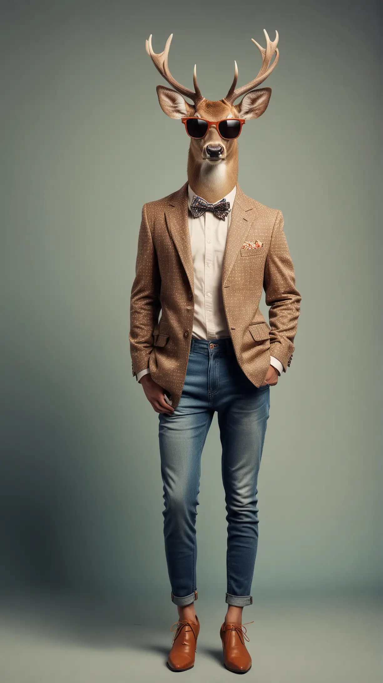 Vintage full body portrait of a deer, wearing fashion  sunglasses, fashion  photoshoot, modern clothes, and cool shoes