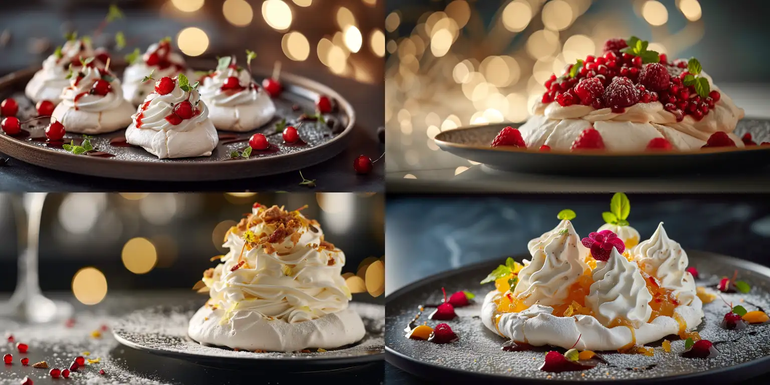 PRESENTATION: Macro Lens | CUISINE TYPE: Upscale | AMBIENCE: Alluring | VISUALS: Desert serving of Pavlova | ATTRIBUTES: Upscale gastronomy imagery, seamless arrangement, intense yet elegant spotlight, sumptuous, refined, irresistible, lavish, gourmet | TOOL: Nikon Z7 | LENS DETAIL: 105mm | SHOT PERSPECTIVE: Close Proximity | ALIGNMENT: Equilibrium in focus | ILLUMINATION CHARACTERISTICS: Subtle, with a single point of origin | BEHIND THE SCENES: Gourmet Arrangement Specialist | PHOTO SESSION TIMING: Twilight --ar 16:8
