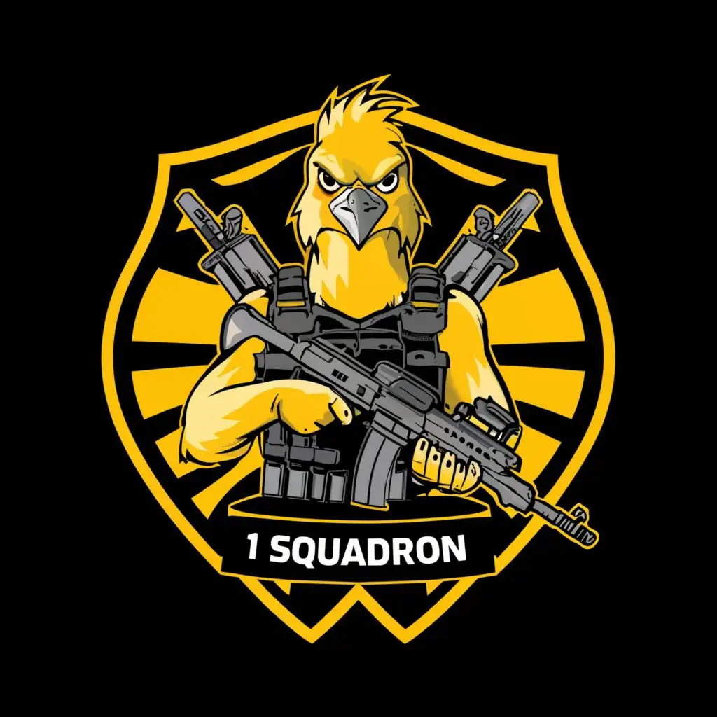 logo, A mean looking, aggressive canary wearing tactical body armor vest carrying an MP5 machine gun in its hands., with the text "1 Squadron", typography